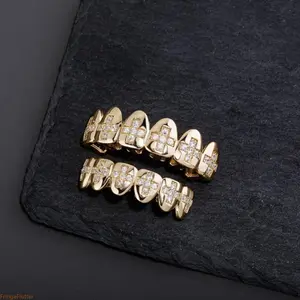 Gold Plated Cross Top & Bottom Grillz with Shiny Clear CZ Stones, Comfort Adjustable Teeth Grills with Silicone Molding Bars Fit Most Tooth Sizes Hip Hop Accessory