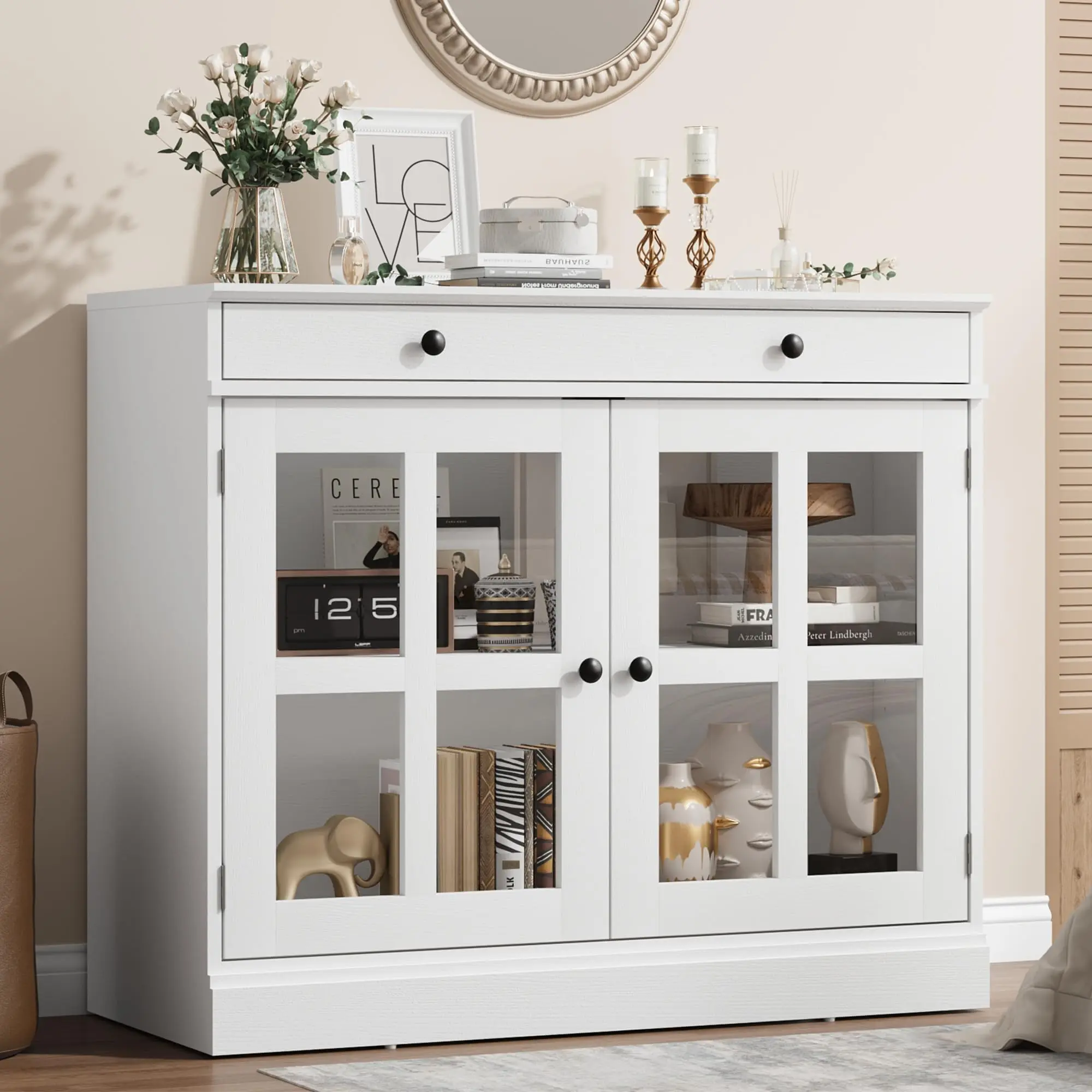 Garvee Kitchen Storage Cabinet, 2 Glass Door Buffet Sideboard with a Large Storage Drawer, Modern White Coffee Bar Cabinet with Adjustable Shelf for Dining Room, Kitchen, Entryway