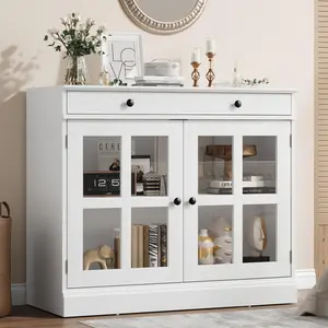 Garvee Kitchen Storage Cabinet, 2 Glass Door Buffet Sideboard with a Large Storage Drawer, Modern White Coffee Bar Cabinet with Adjustable Shelf for Dining Room, Kitchen, Entryway