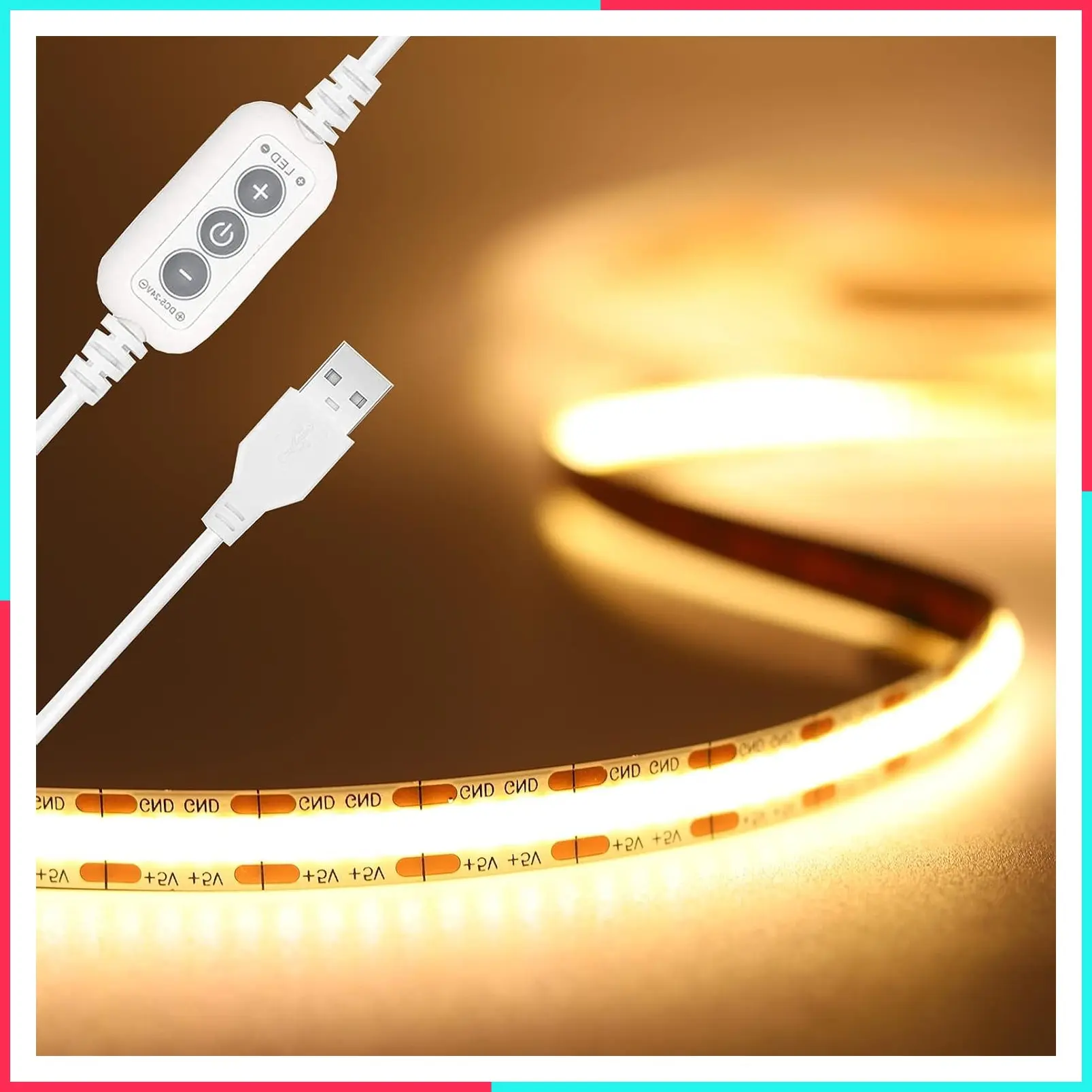 COB LED Strip Lights 5V USB Powered Dotless Super Bright Dimmable 3000K Warm White 6.56ft TV Backlights, Flexible 3M Adhesive Under Cabinet Light for Bedroom, Kitchen, Shelf Lighting