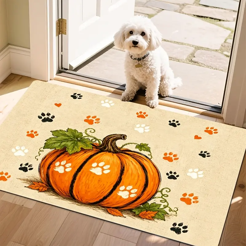Flannel Floor Mat Flannel Floor Mat 1 piece, autumn paw print pumpkin pattern welcome doormat, made of flannel, soft, comfortable and washable, suitable for porch entrance, living room, bedroom decoration, Thanksgiving pet lover home decor mat