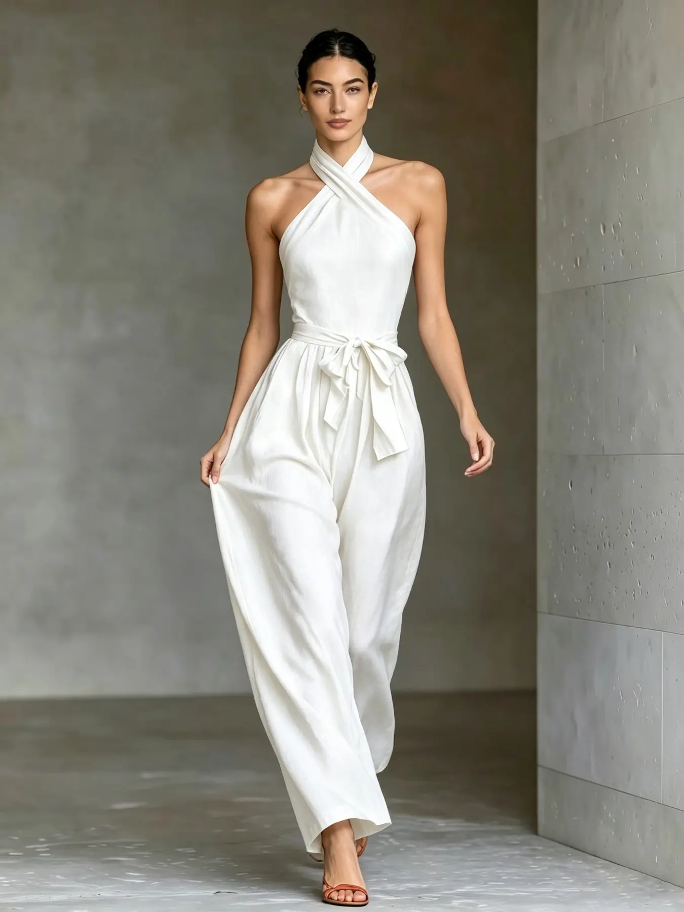 D3860 Soft Life Quiet Luxury Athleisure Women Jumpsuit, Halter Neck Wrap Front With Adjustable Belted Waist, Hidden Side Pockets Flowy Wide Leg Daily One-Piece Outfit.