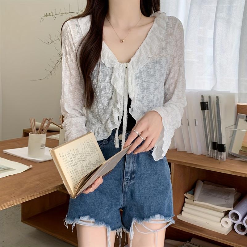 Elegant and Lightweight Lace-up Cardigan-Breathable Chiffon Shawl, Ruffles, Long Sleeves, Sun Protection-Spring/Women's Summer Top, Soft Blue, White, Cream, Pink, Black Fitted Knitwear Womenswear Basic Beige Casual