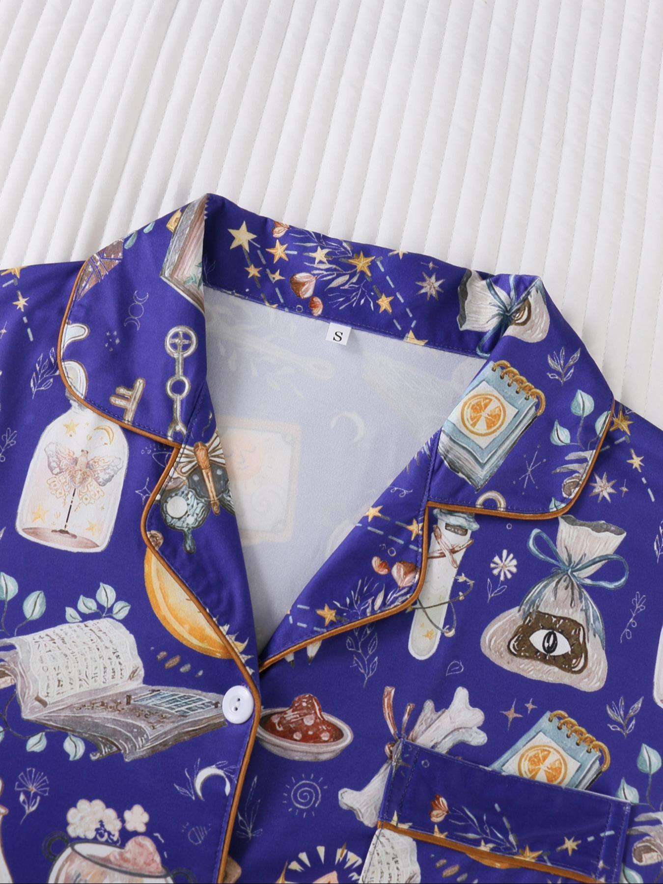 Women's All Over Print Pyjamas Two-piece Set, Casual Comfy Short Sleeve Lapel Neck Pajama Top & Elastic Waist Shorts PJ Set, Ladies Sleepwear, Loungewear Pajamas Set, Casual Pajama Sets