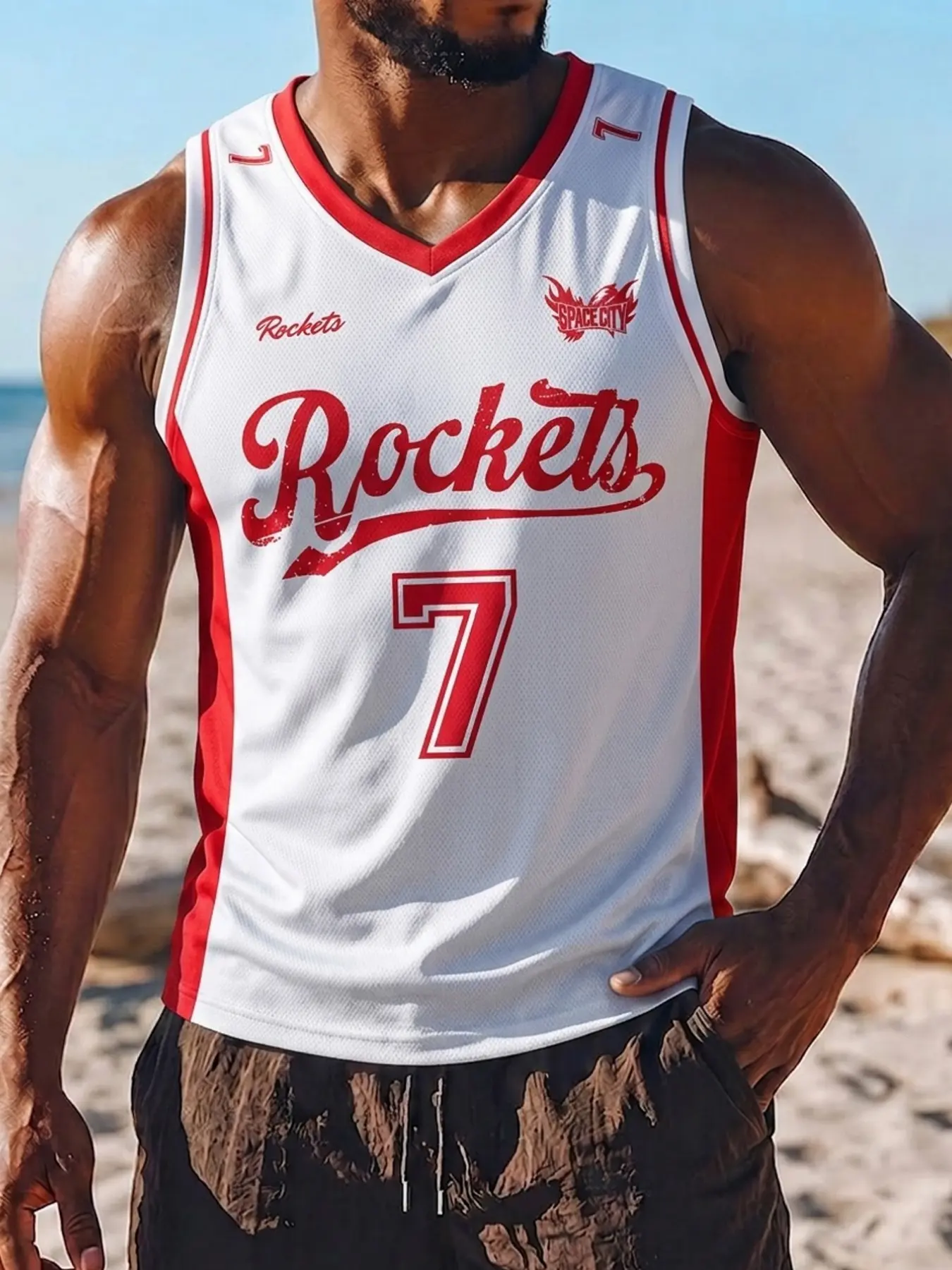Men's Rockets7 Retro Basketball Tank Top, Colorblock Mesh Sleeveless Jersey, American Streetwear Fitness Shirt