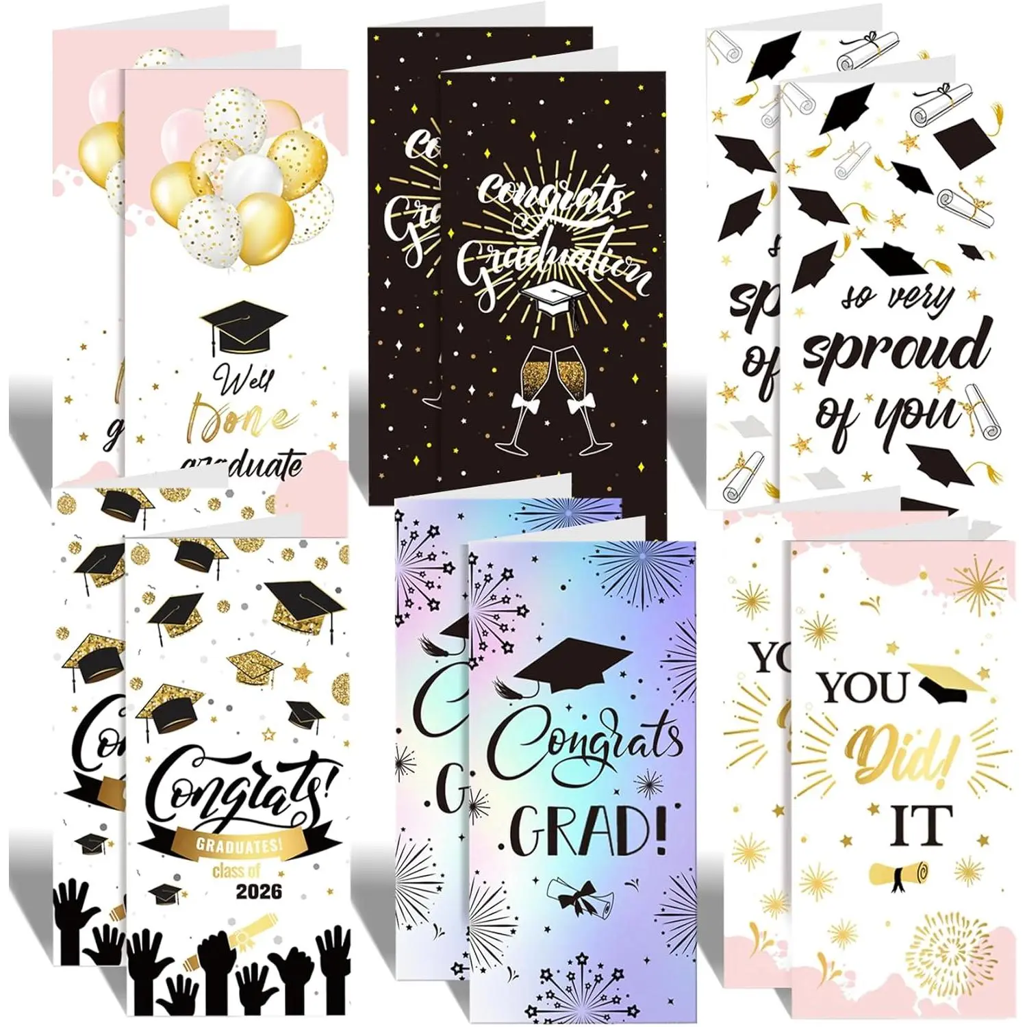 12 Pack 2026 Graduation Cards Bulk - 3x6.5in Gold Foil & Holographic Graduation Money Holder with Envelopes and Stickers, 6 Festive Designs with Cash Sleeve, Printed Message Inside for Graduates (12) (12)