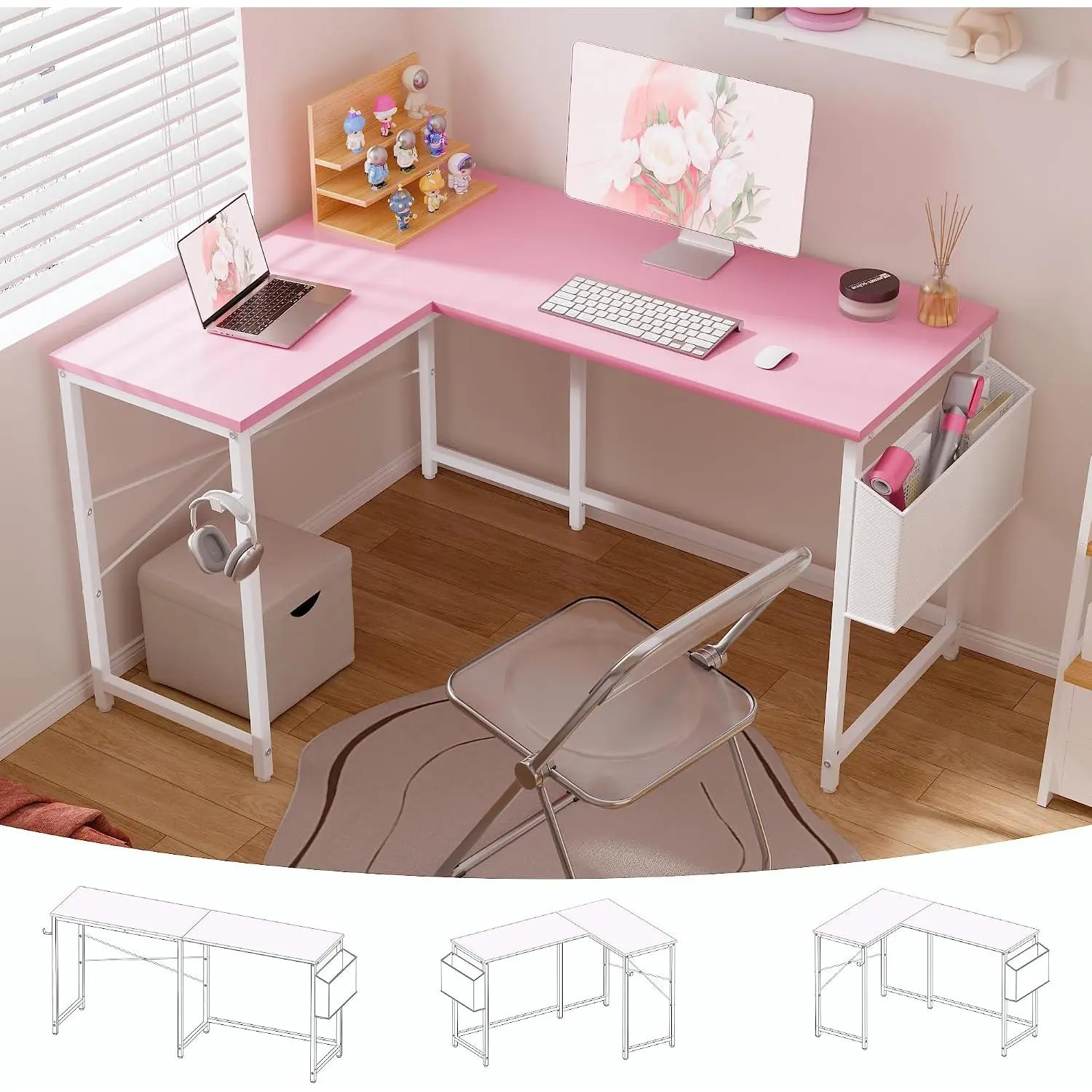 47-Inch Reversible L-Shaped Gaming Desk with Sturdy Base, Storage Bag, Corner Computer Desk for Home Office Writing Study (Pink)