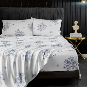 Blue Floral Sheets Queen Size,18 inches Deep Sheets 1800 Count, 4 Pieces Floral Bed Sheets Soft Breathable Farmhouse Shabby Chic Bed Sheets, Oeko-Tex Certificated.