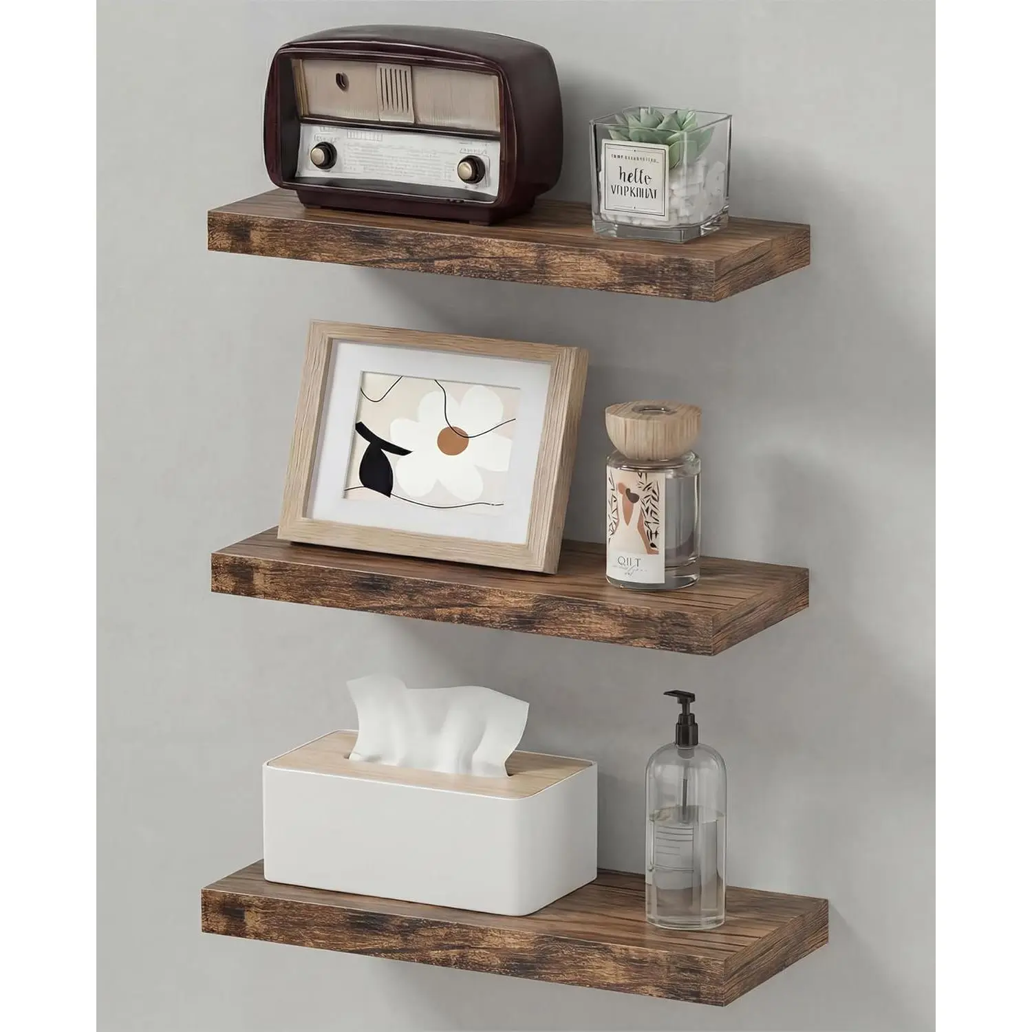 Easy Install Floating Shelves, 15.7 Inch Wall Mounted Wooden Shelf, Small Hanging Shelf for Home Decor, Books and Storage, Organizer for Bedroom, Bathroom, Kitchen, Set of 3, Vintage Brown