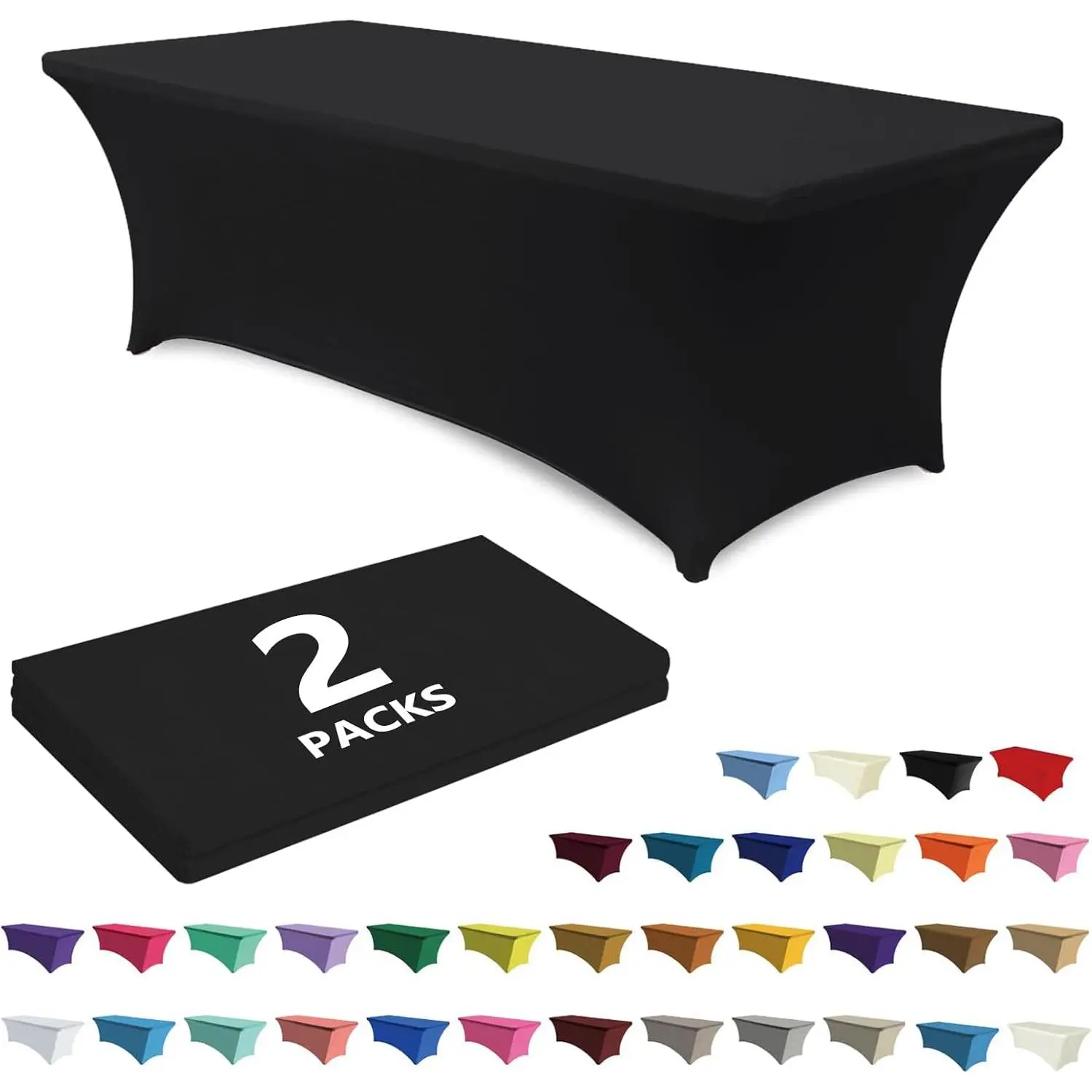 2-Pack 4 FT Black Spandex Rectangle Table Cover, Stretch Fitted, Wrinkle Resistant, Reusable Decoration for Banquets/Weddings, Event-Ready Household Kitchen Linen Table Protector