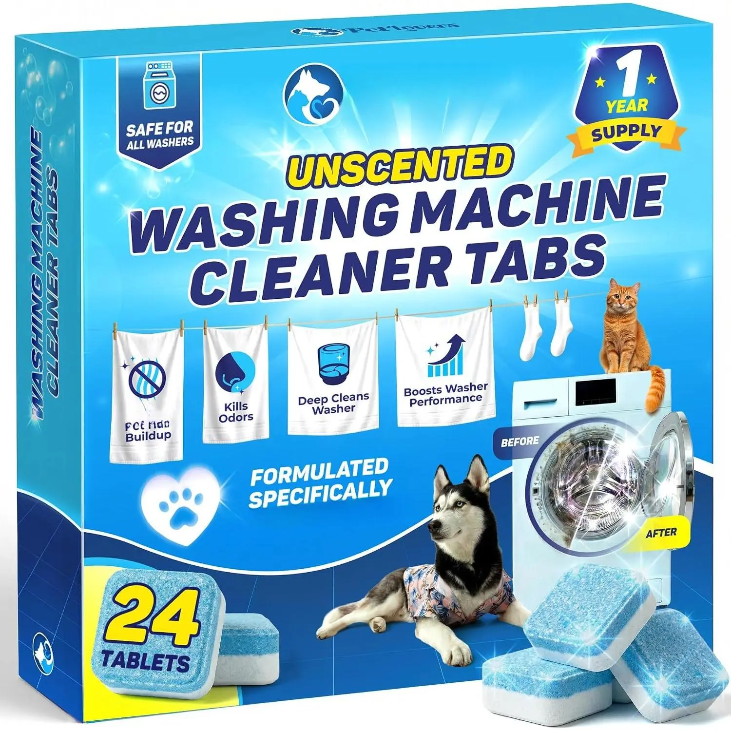 Washing Machine Cleaner Tablets Unscented - Removes  Buildup & Odors, Deep Cleans HE Front Load & Top Load Washers, 24 Pack (1 Year )