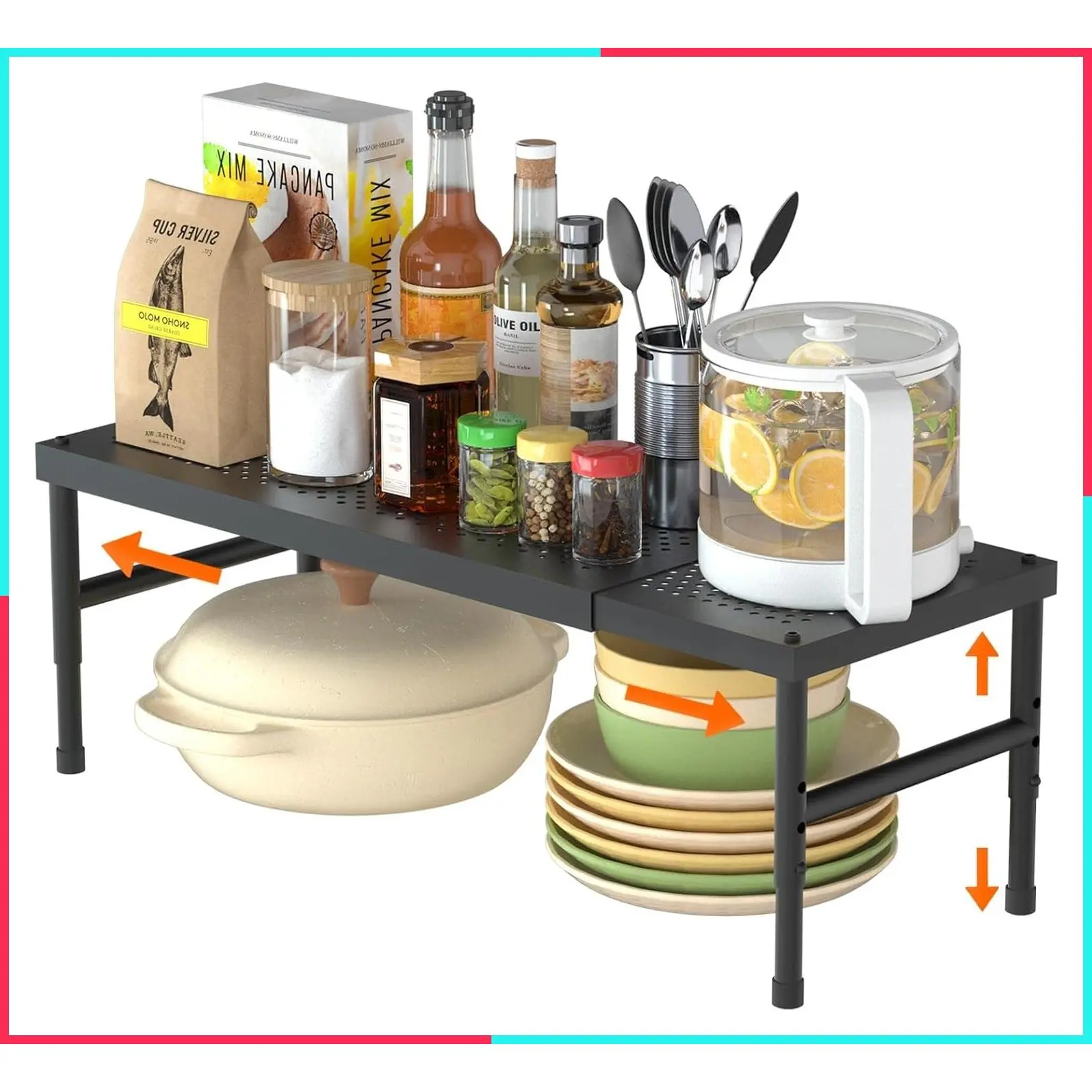 Expandable Adjustable Stackable Kitchen Organizer Rack, Spice Rack, Counter Shelf for Cabinets, Small Cupboard Organizer, Heavy Duty Metal Pantry Storage Shelf for Kitchen Cabinet