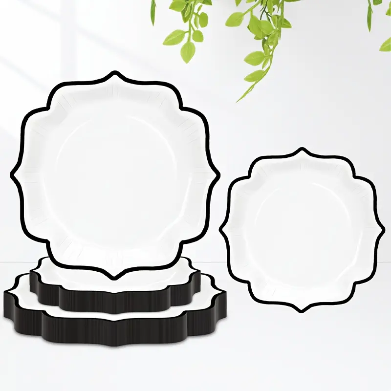 40pcs/80pcs white and black wavy edge party plates| Disposable black border floral design 9inch elegant plates, small size 7inch cute cake dessert plates, suitable for birthday, wedding, graduation, retirement, holiday event party supplies