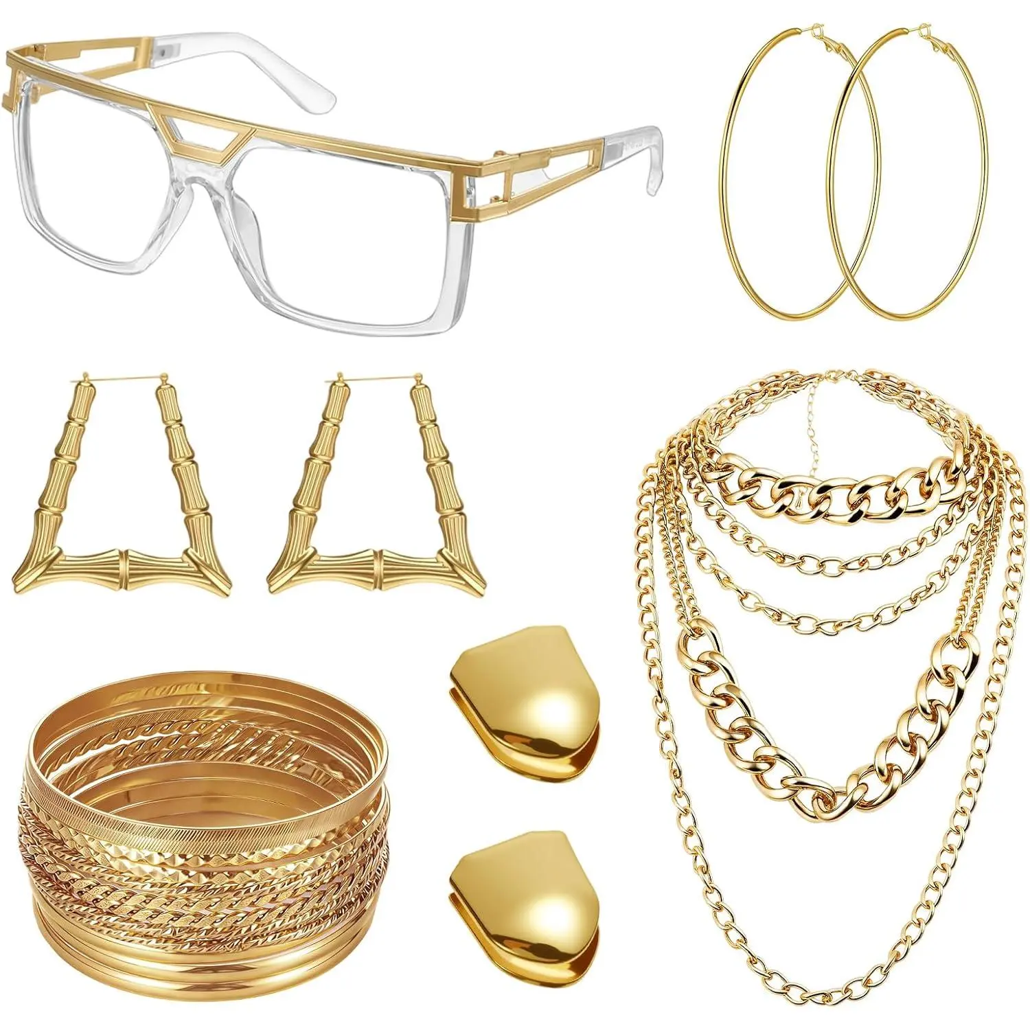 80s 90s Accessories for Women  Hop   Costume Set | Chunky Necklace Hoop Earrings   Glasses, Rapper Party Costume, Stacking Bracelet for Men Women Outfit
