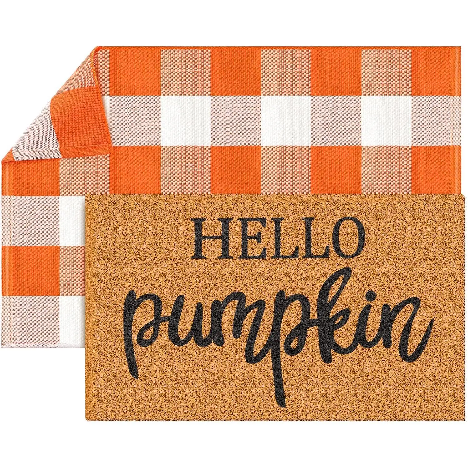 2 count Fall Welcome Doormat,  Pumpkin Imitation Coir Layered Buffalo  Mats Front Porch Entryway Rugs for Fall Autumn Thanksgiving Halloween Outdoors Decor
