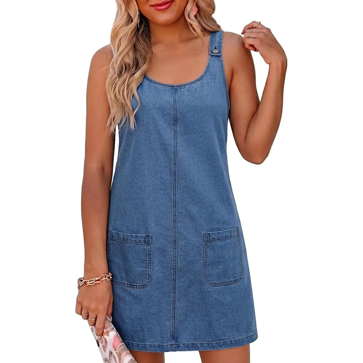 Womens Sleeveless Casual Denim Dress Western Cowgirl Outfits Jean Overall Dress