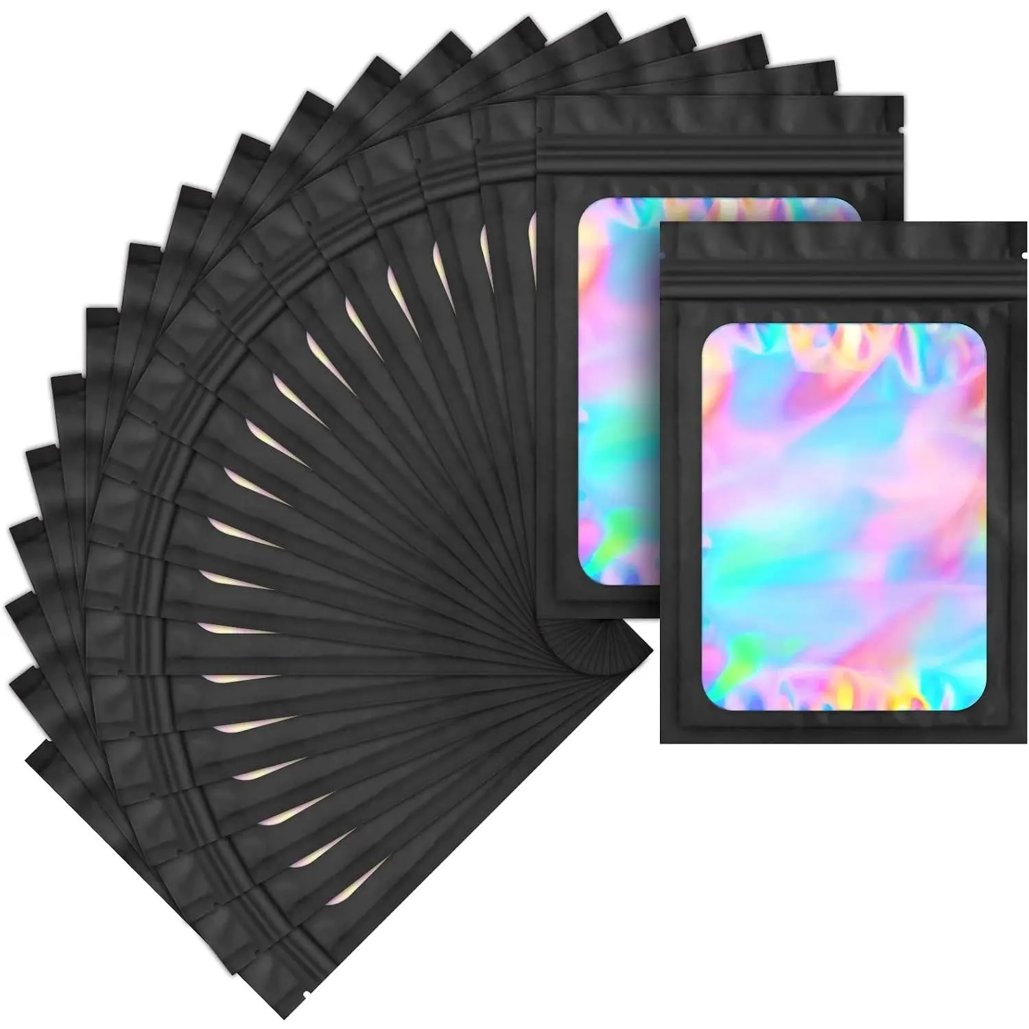 100 pack mylar bags holographic smell proof packaging bag for small bussiness resealable zipper sealable pouch bags sample, jewelry, lipgloss, food,soap,electronic supplies（4×6 inch,black）