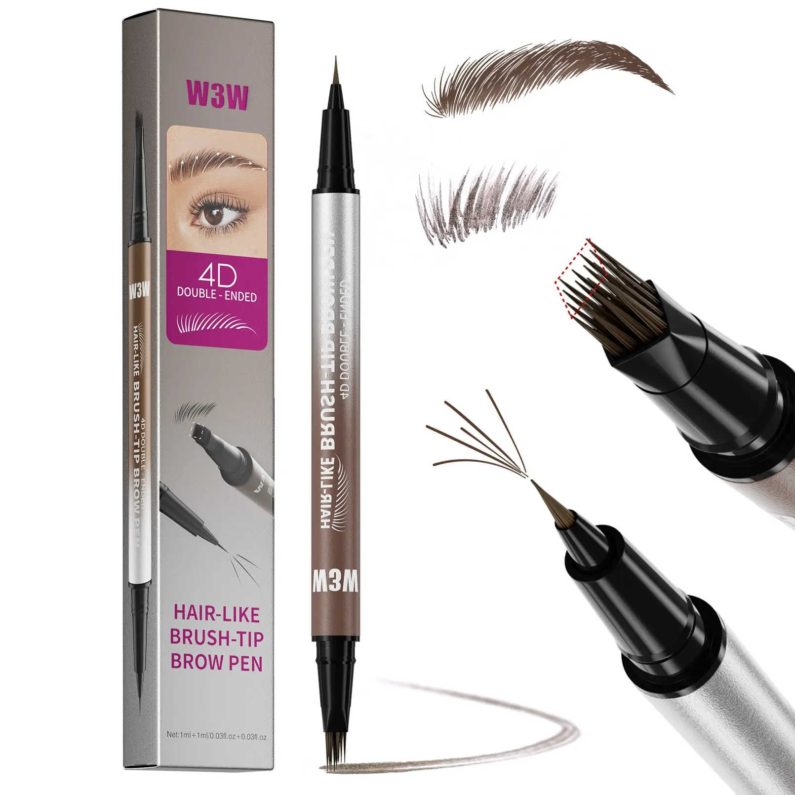 Senmu Dual-Ended Brush Eyebrow Pencil, Waterproof Sweatproof, 4D Realistic 2-In-1 Liquid Eyebrow Pen, Makeup Tool for Natural Look