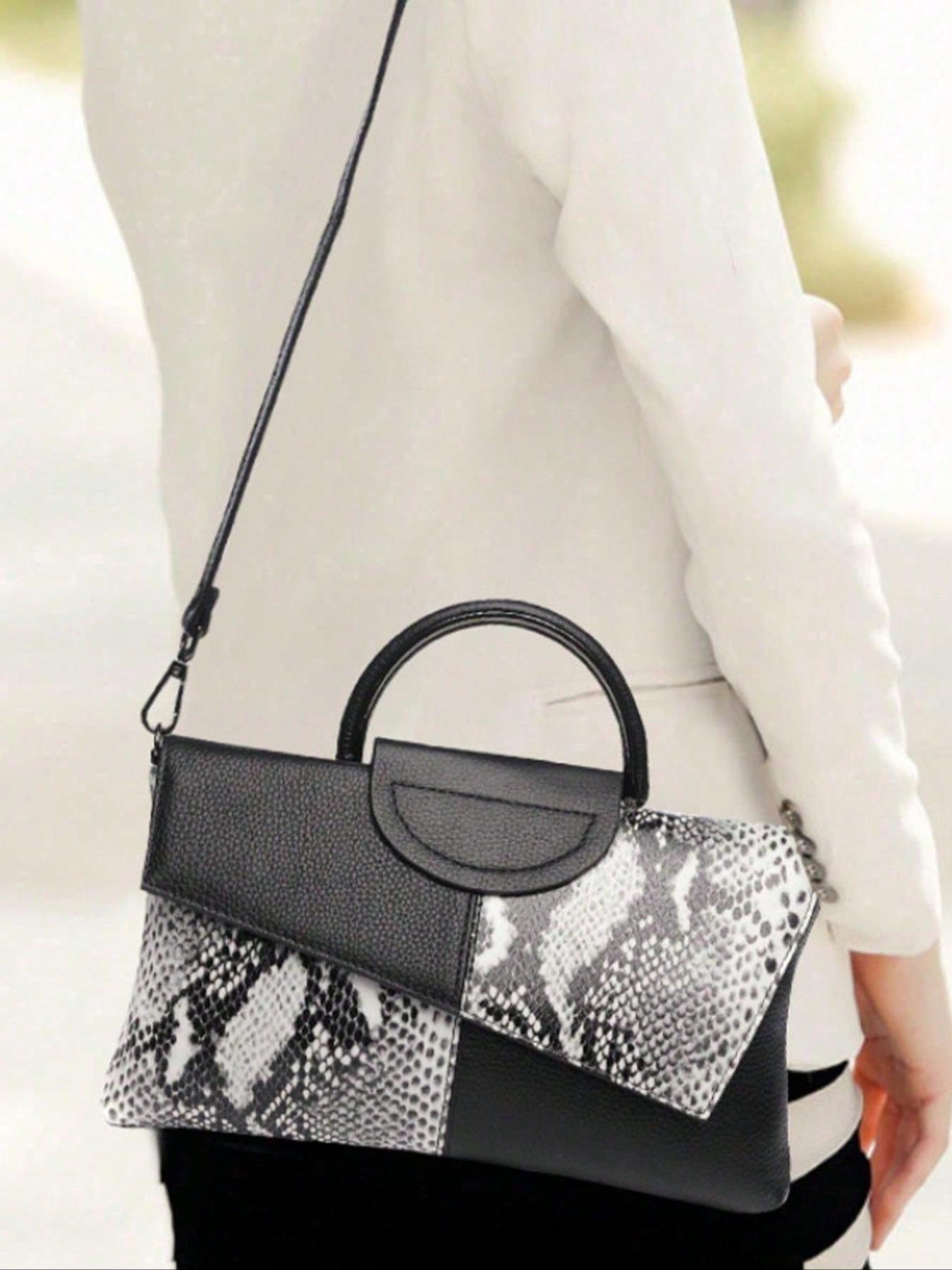 Women's Fashionable Colorblock Snakeskin Embossed Handbag, Elegant Shoulder Bag for Party, Trendy All-match Crossbody Bag for Daily Use, Flap Crossbody Purse