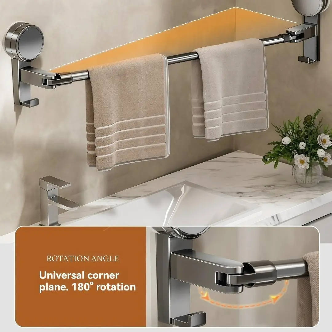 Simple Durable No-Drill Suction Dual-Use Towel Slippers Rack, Adjustable 15-31 Inches, Rotatable with Hooks, Bathroom Storage Shelf