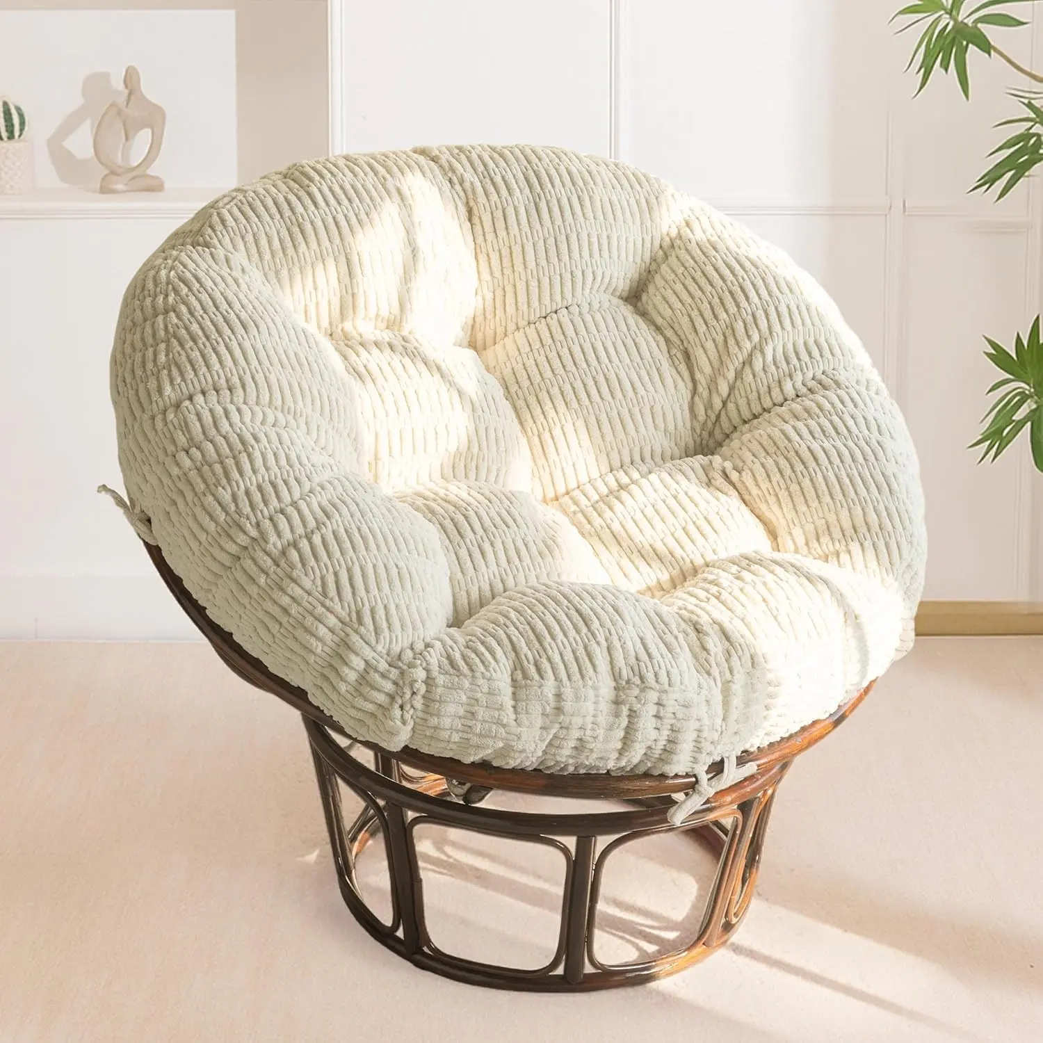 Papasan Chair Cushion with Thick Corduroy Cover, 48x48 in Supportive Cushion for Room Decor, Beige (Chair Not Included)