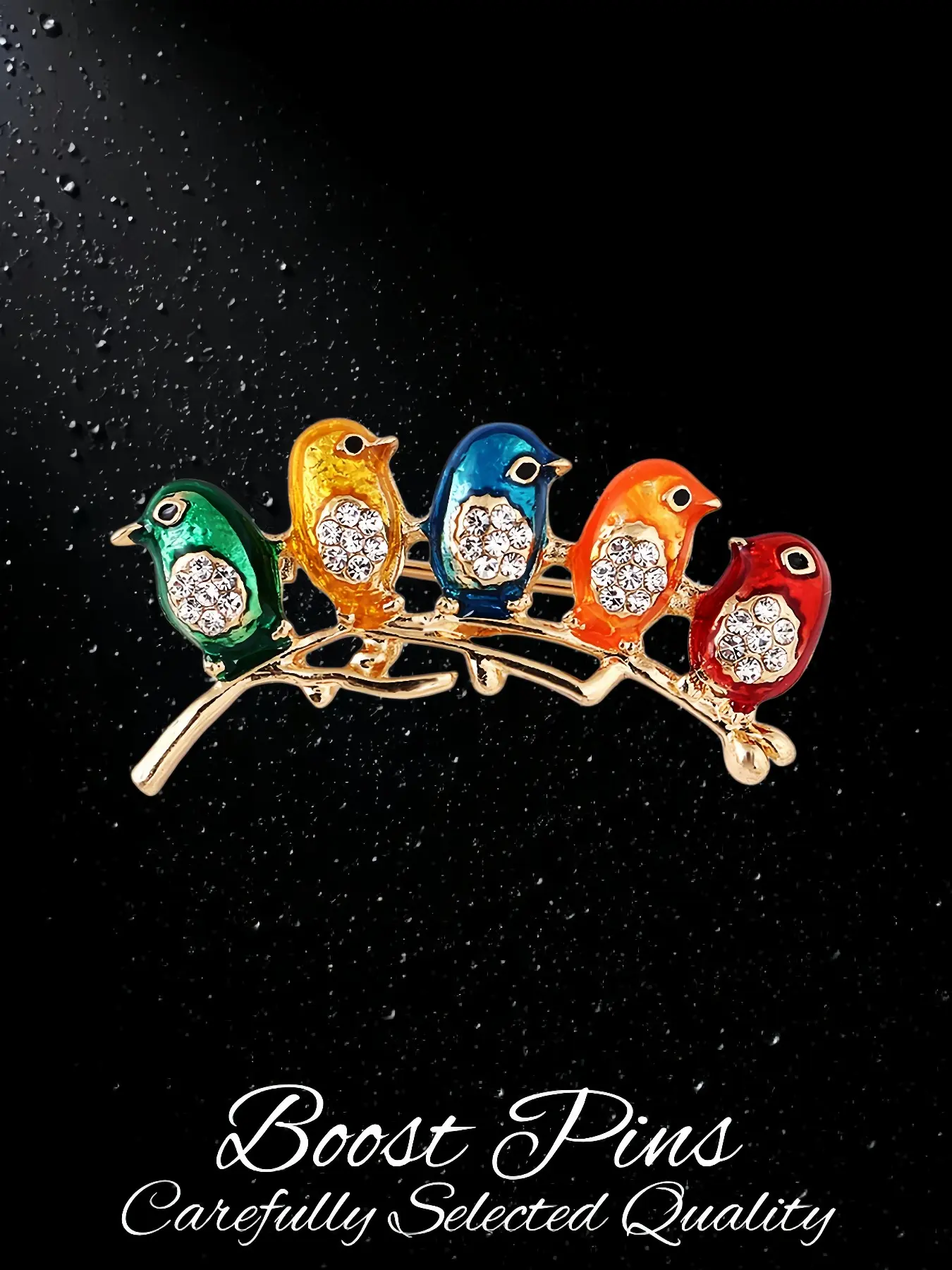 Gold Tone Enamel Birds on Branch Brooch, Clear Rhinestone Accents, Cute Nature Inspired Animal Lapel Pin, Women's Casual Fashion Jewelry for Coats & Scarves, Ideal Gift for Bird & Nature Lovers