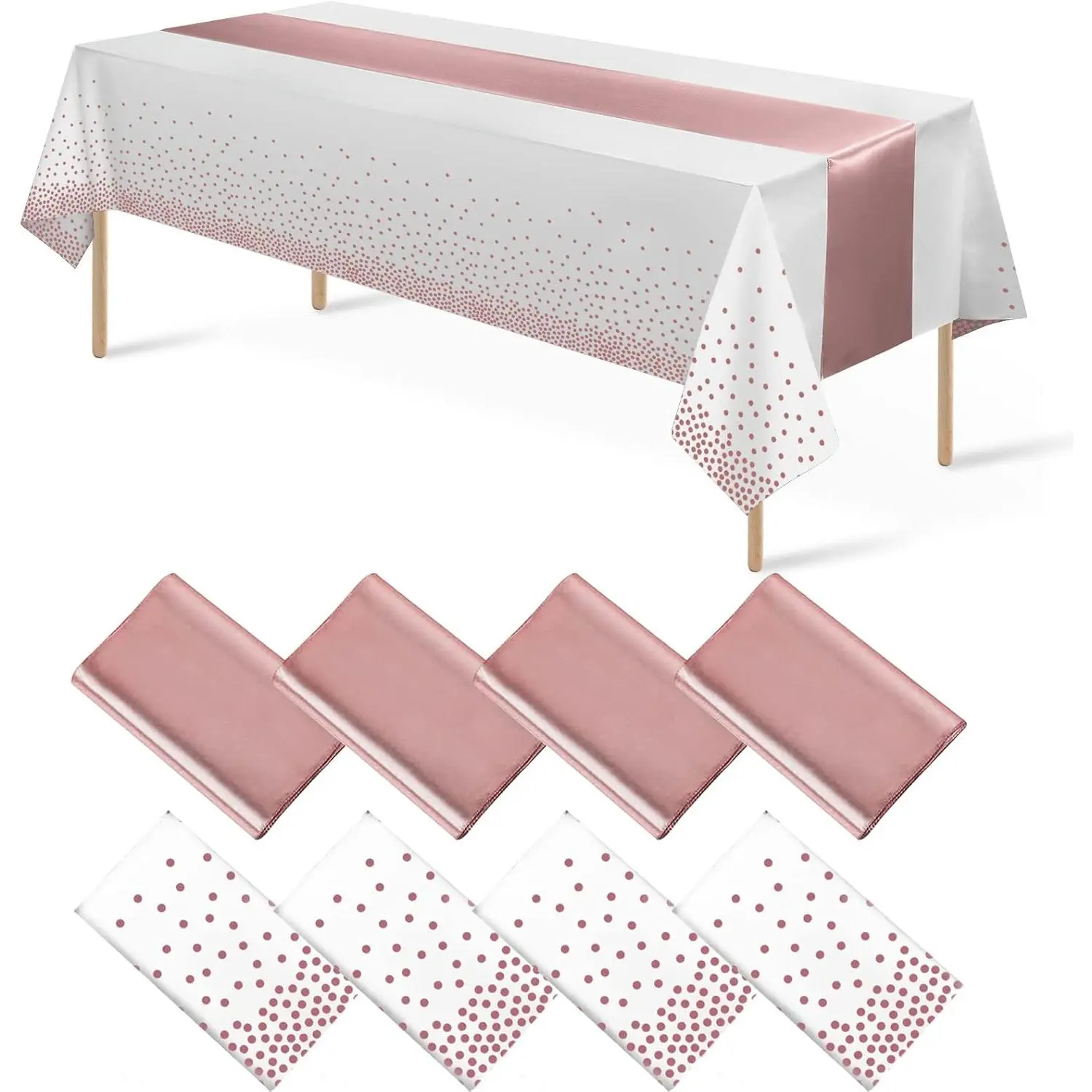 8-Pack Disposable Plastic Tablecloths & Satin Table Runner Set, White with Rose Gold Dot Print, Festive Party Setup Supplies for Happy Birthday, Wedding, Holiday Decorations
