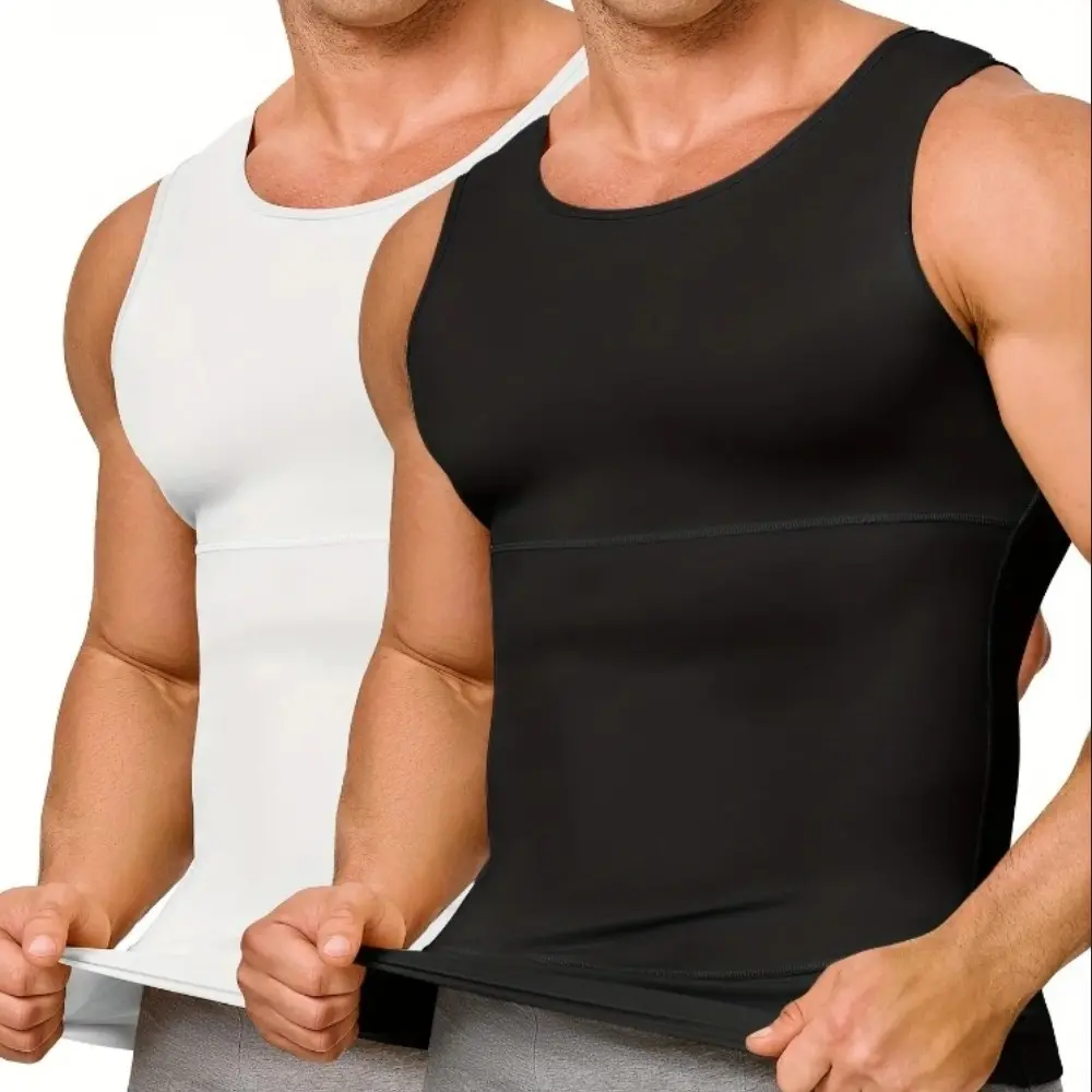 Men's Compression Tummy Control Shirt Shapewear Body Shaper Vest Man Boobs Double-layer Seamless Round Neck Invisible Under Fitted Tees