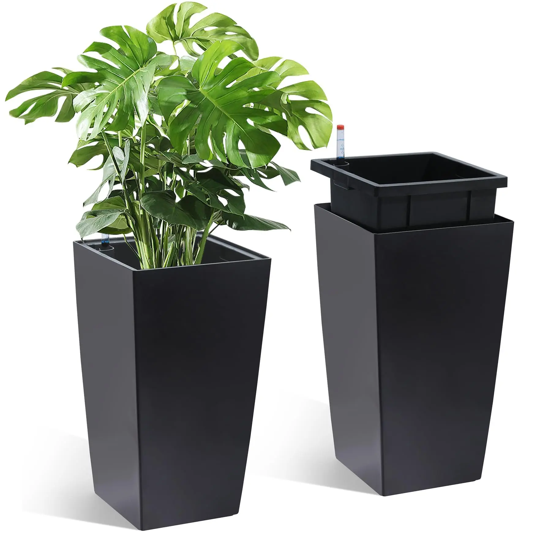 GARVEE 16 in Tall Planters Set of 2, Outdoor＆Indoor Black Planter Pots, High Front Porch Planter Pots with Drainage Holes＆Water Level Monitor＆Inner Bucket, Automatic Watering,Black
