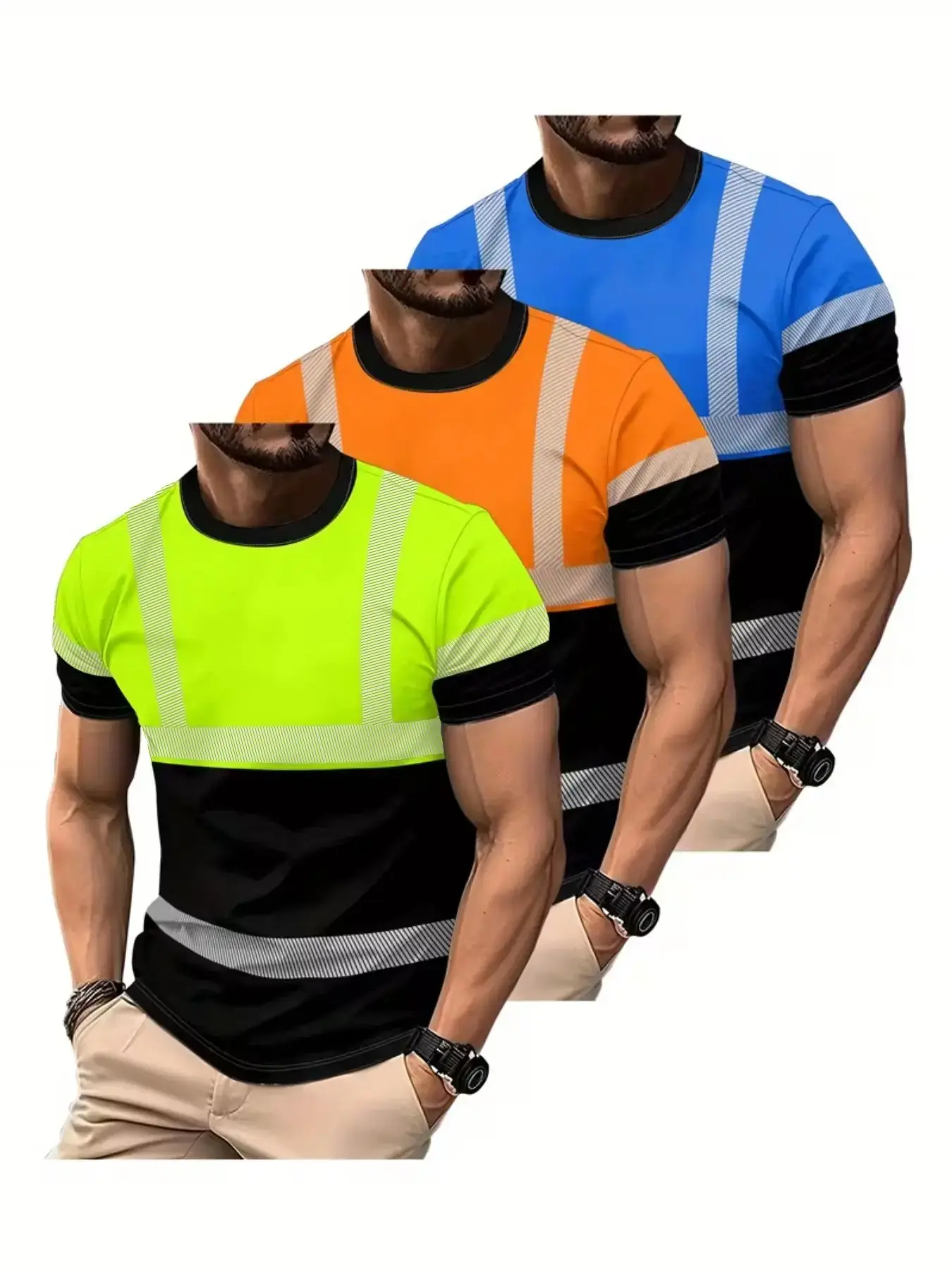 3-Pack Men's Casual Short Sleeve T-Shirts, Breathable Summer Tee, Neon &, Blue, Loose Fit, Ideal for Outdoor Activities