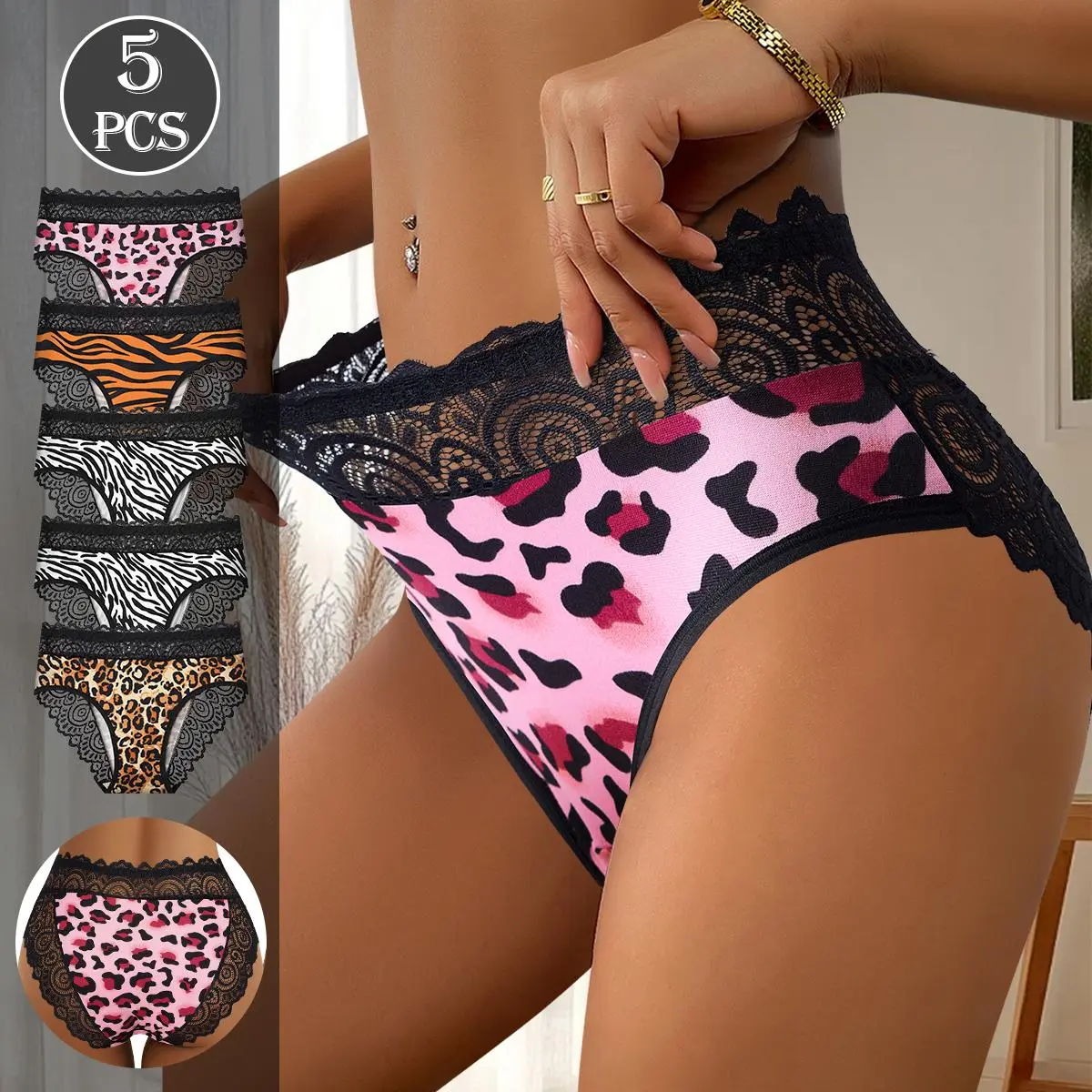 QUASTI 5PCS Women's Mid Waisted Lace Printed Panties, Basic Fit Soft Smooth Comfortable Elastic Briefs, No Show Elegent Fashion Sweet Underwear, S-XXL
