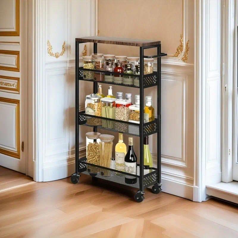 4-Tier Slim Rolling Cart with Wooden Tabletop,Mobile Metal Utility Storage Cart,Slide Out Narrow Cart for Tight Spaces on Bathroom Kitchen Laundry Room Bedroom Apartments Dormitory Deals For You Days