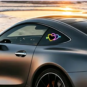 Solar & Type-C Dual Charging Arrow Through Heart Car LED Atmosphere Light, 15 Lighting Modes RGB Neon Double Heart Suction Cup Car Window Decor Lamp, Lossless Vacuum Adsorption Car Ambient Light