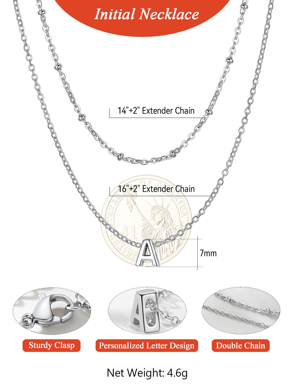 PROSTEEL Double-Layer Letter Necklace for Woman Golden Steel with Polished Letter A-Z Pendants Fine Chain (Bead Chain 14" & Rolo Chain 16"), 2" Extender Chain