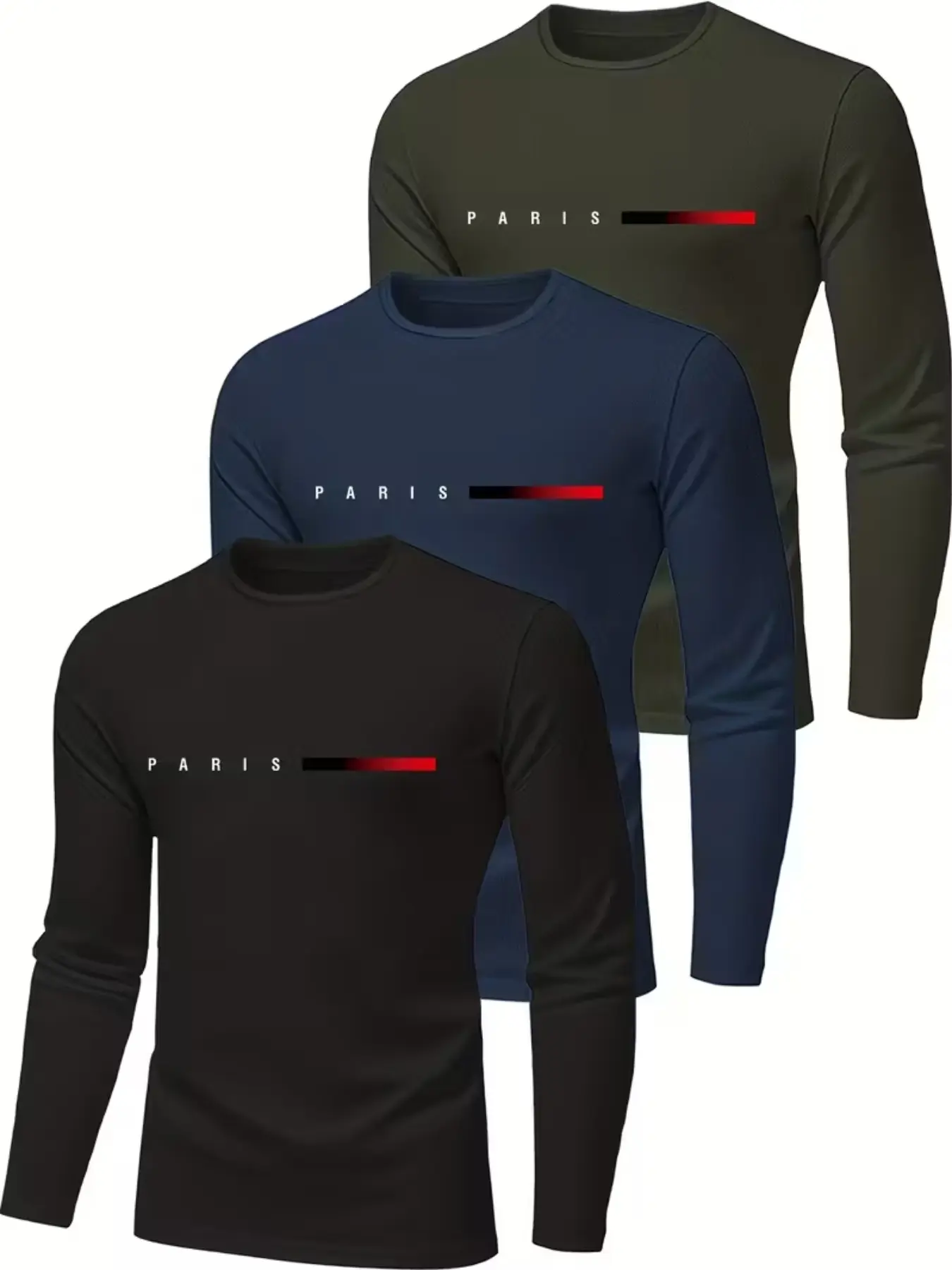 Men's Geometric Print Long Sleeve Sporty T-Shirt Set, Lightweight Breathable Quick-Dry Fitness Running Top, Lightweight Athletic Tee, 3 Piece Pack