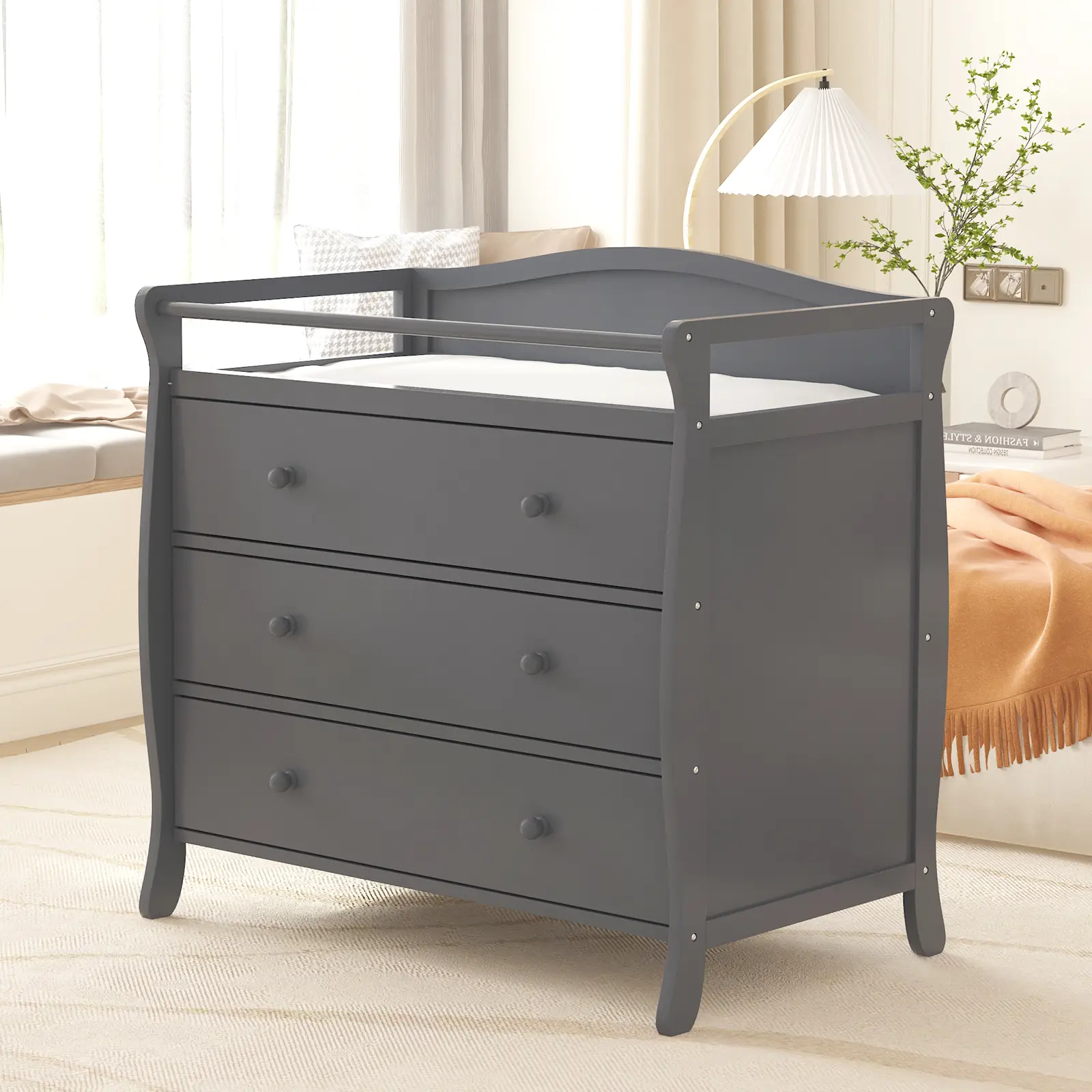 Modern Wooden Baby Changing Table with 3 Spacious Drawers – Secure Safety Belt & Rails – Sleigh Design Dresser – Diaper Changing Station for Nursery, Bedroom, or Living Room – Easy Assembly