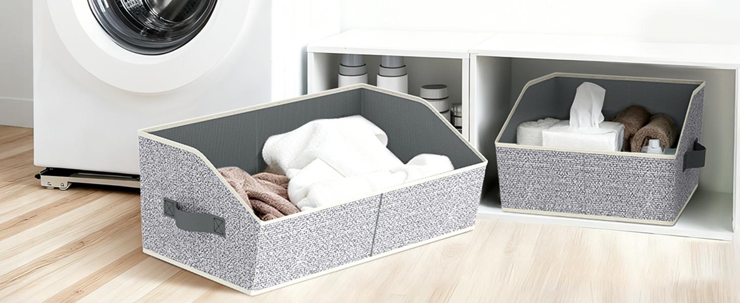 Closet Organizers Bins 6 Packs - Large Closet Shelf Organizer with Handles, Fabric Trapezoid Storage Bins, Collapsible Storage Cubes for Clothes, Towels, Light Gray