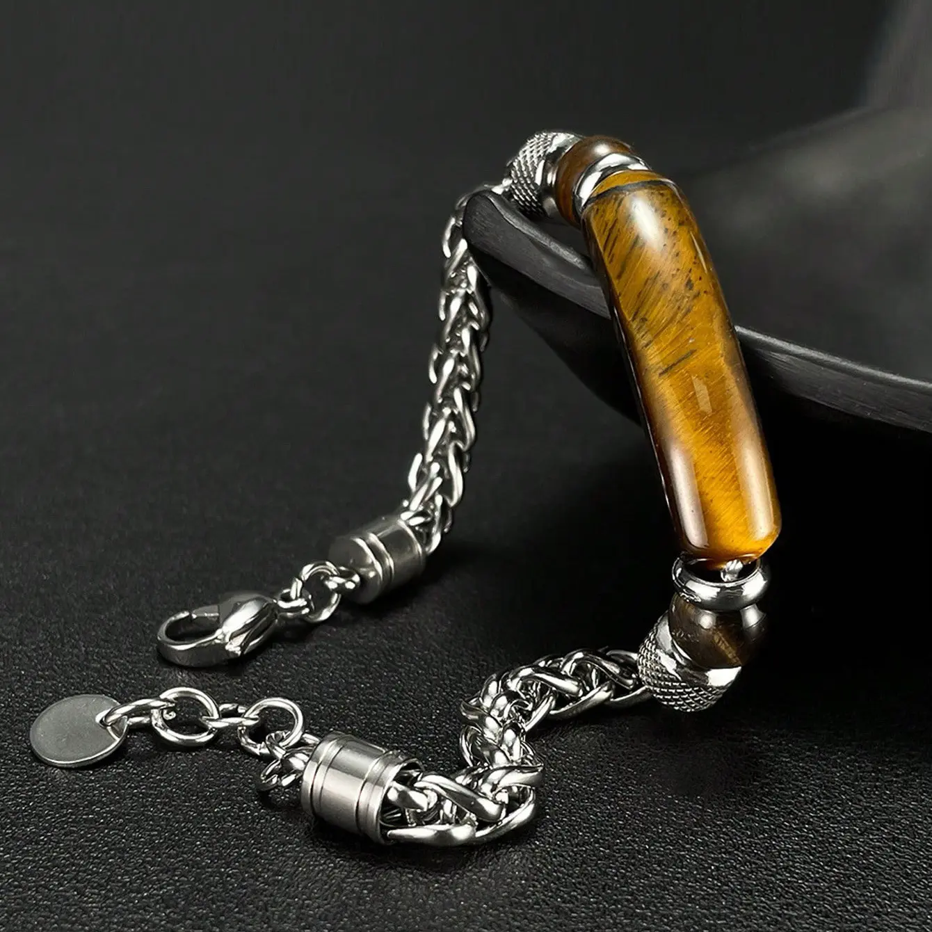 Cuban Link Chain Bracelet for Men, Polished Stainless Steel with Natural Tiger Eye Stone Beads for Casual Daily Wear, Natural Stones, Male Wear, Polished Look, Tiger Eye Beads