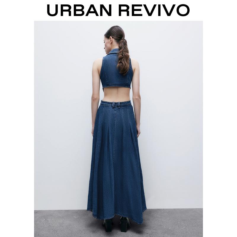 URBAN REVIVO Women's Casual Denim Dresses  Fashion Lapel Sleeveless Cut-Out Sides Slit with Big Pockets UWG850170