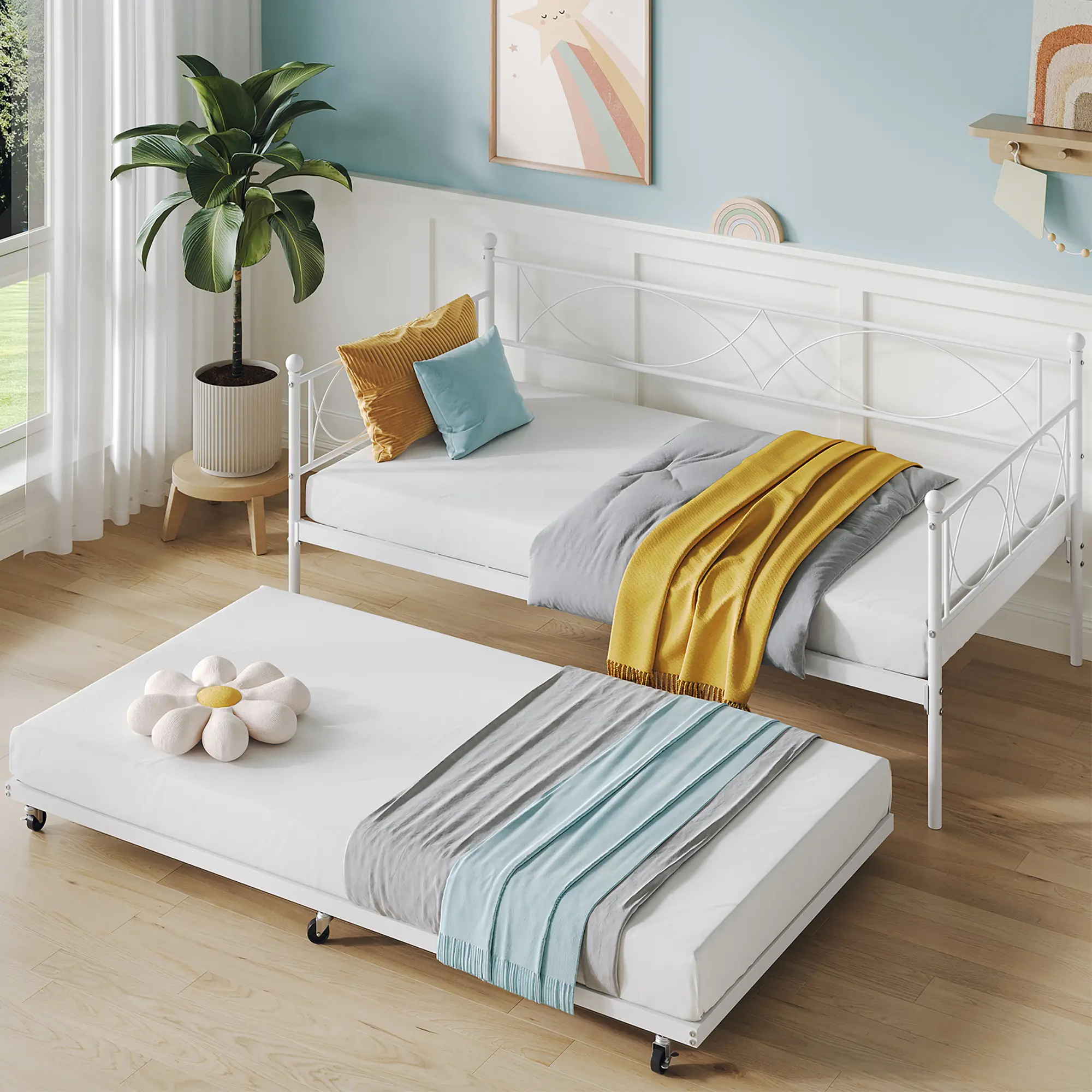 Twin Size Daybed, Metal Daybed Frame with Trundle, Heavy Duty Metal Slats, Mattress Foundation Platform Sofa Bed with Lockable Casters for Bedroom, Living Room, Guest Room