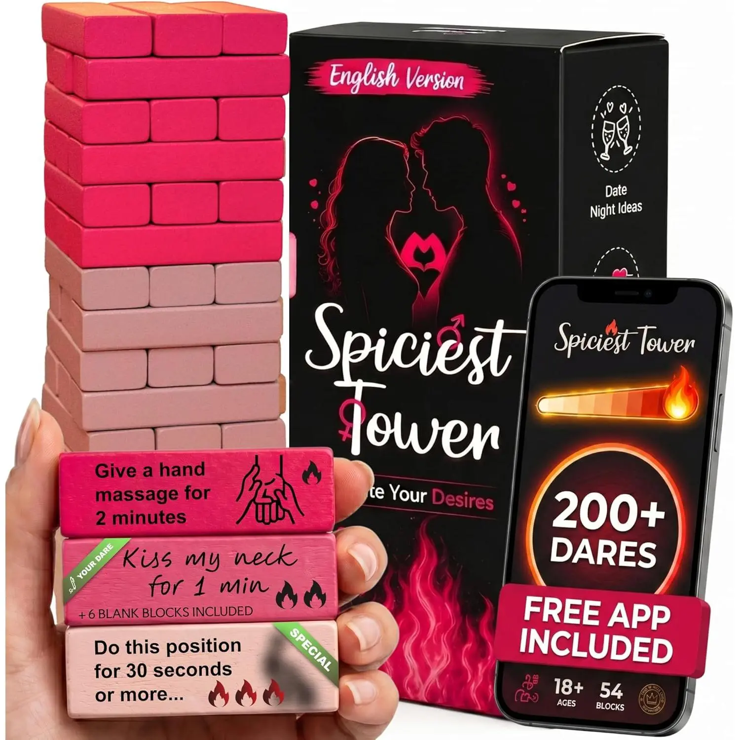54 PINK BLOCKS - Spiciest Tower Stacking Wooden Block Game for Adults - Couple Dare Questions - Relationships - Exciting, Pleasing, & Funny Challenges - Date Night Couples Games - Valentine's Day