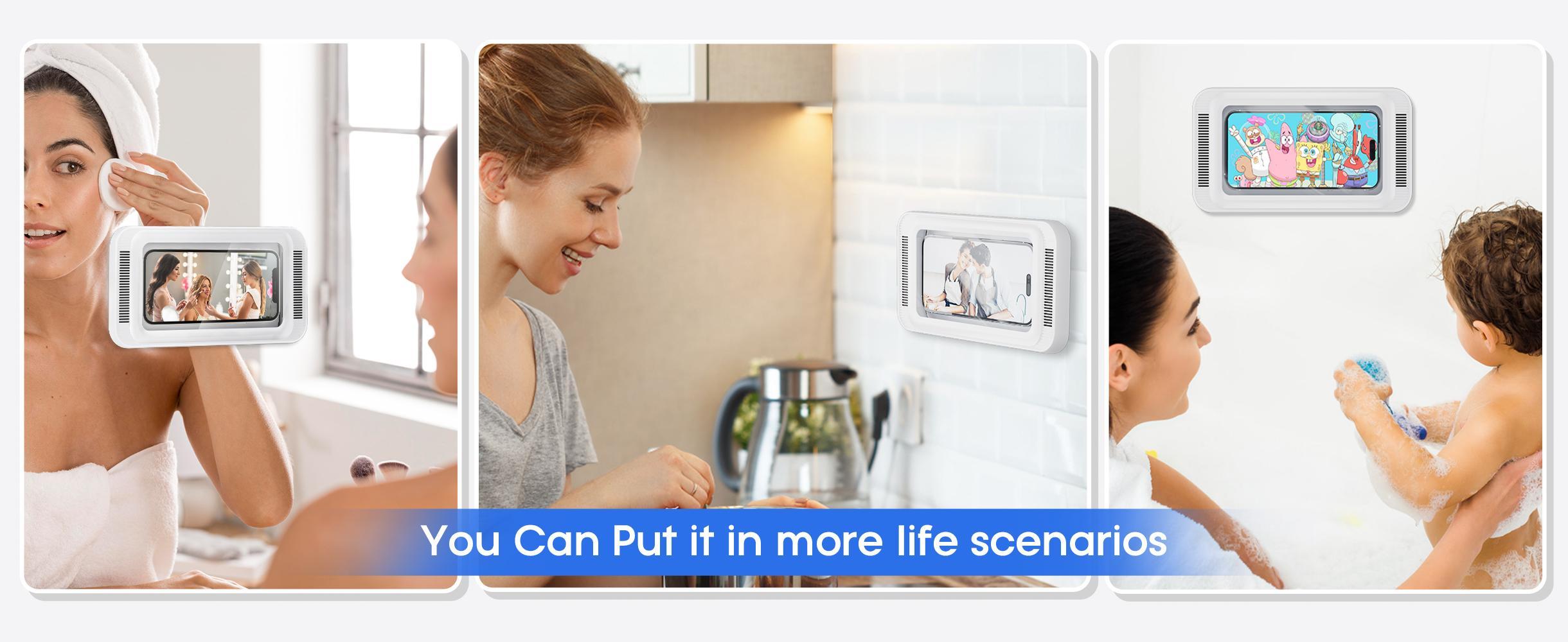 Shower Phone Holder with Speaker  480 Rotation, Wall Phone Mount for Shower Waterproof Anti Fog Shower Case