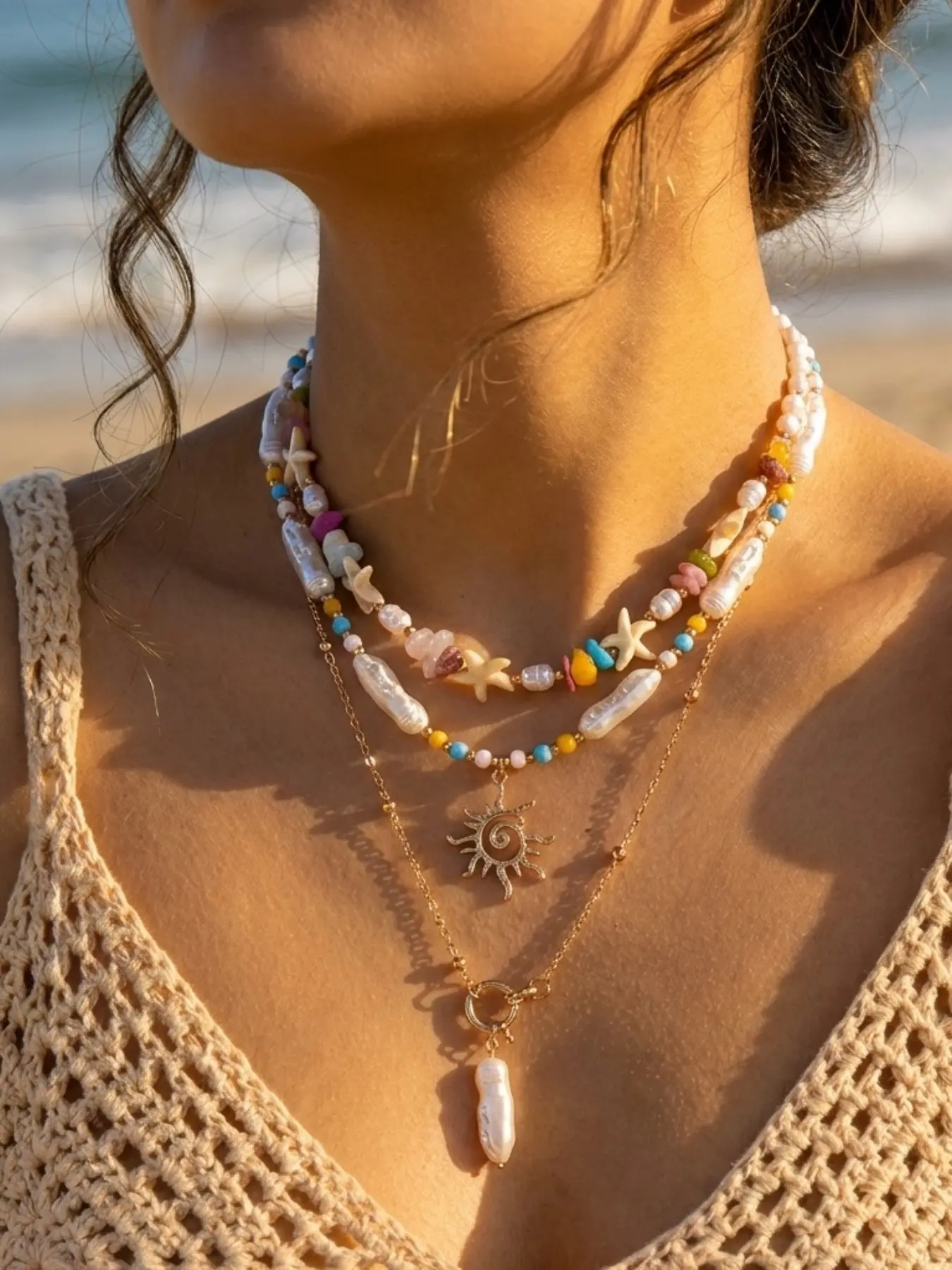 3-Piece Bohemian Layered Necklace Set, Blue Stone Starfish Pearl Choker, Summer Beach Jewelry for Women, Stackable Ocean Bead Necklaces