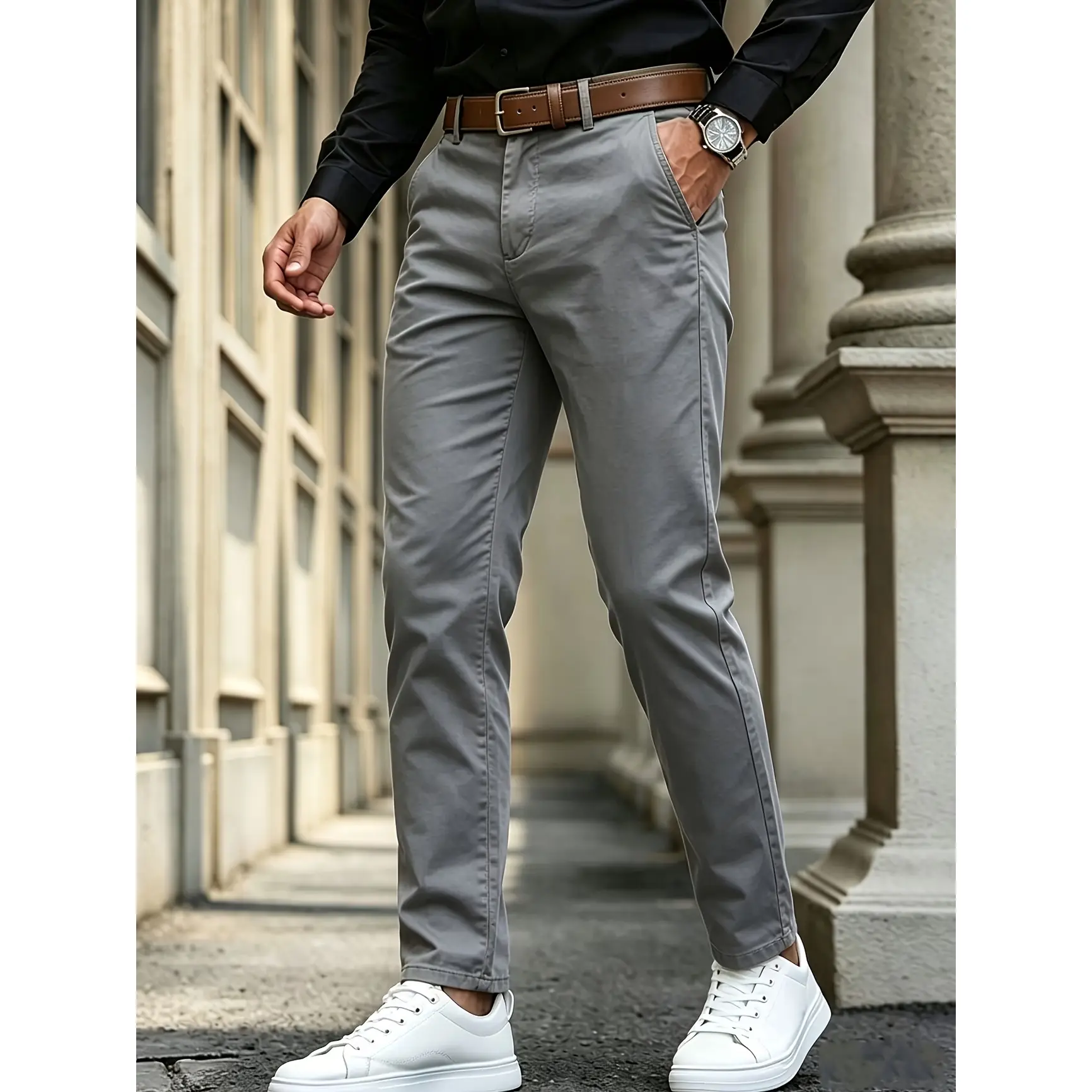 Soft natural cotton tailored slim-fit chino trousers with classic belt loops and side slip pockets, wrinkle-resistant lightweight fabric streamlined straight leg silhouette versatile daily bottom for business casual