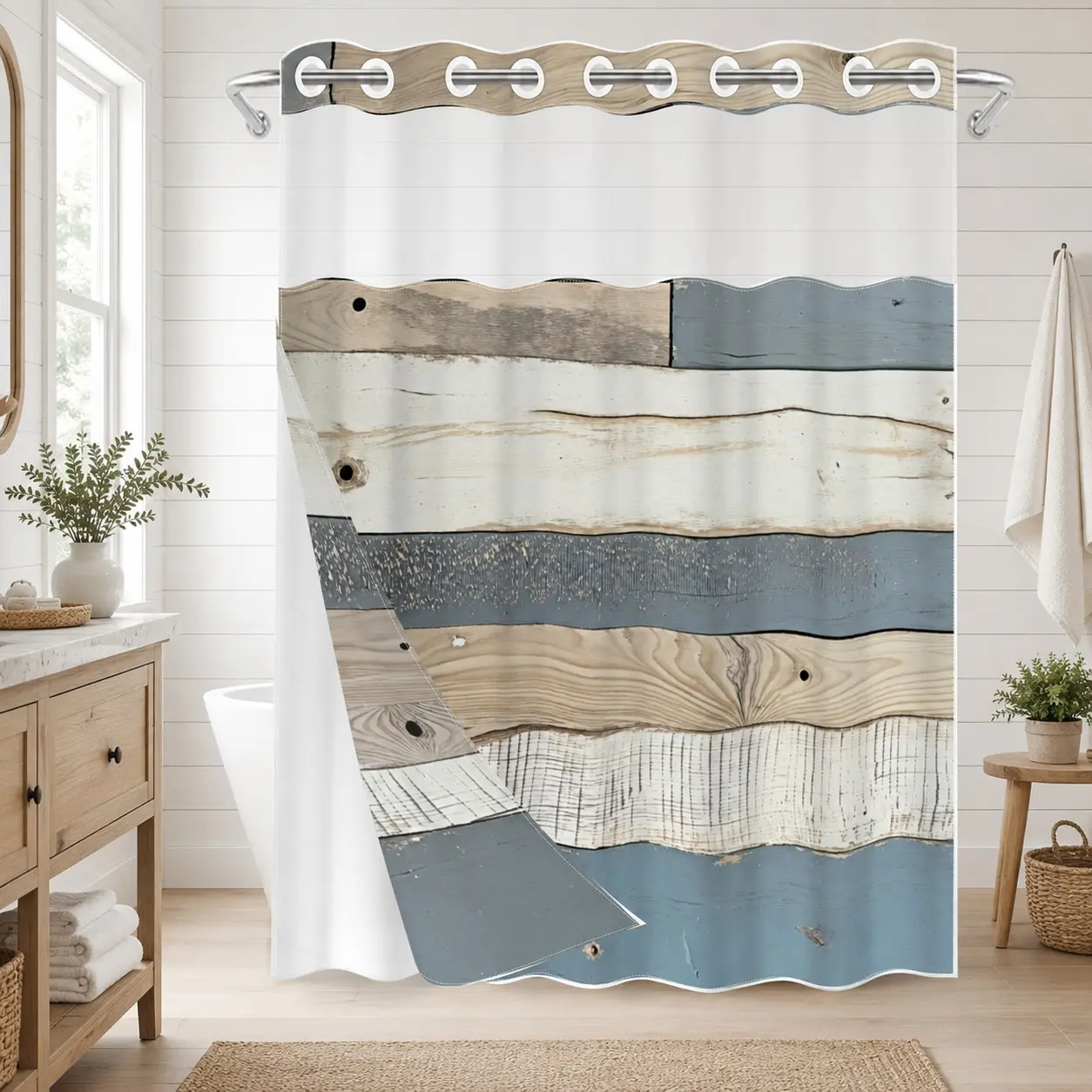 1pc Hookless Double Layer Shower Curtain, Rustic Wood Plank Print, Sheer Window, Detachable Snap-On White Liner, Waterproof Washable for Home, Apartment, Hotel, Dorm, Renovation & Back to School