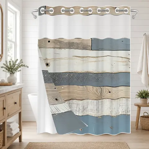 1pc Hookless Bathroom No Hook Shower Curtain, Rustic Wood Plank Print, Sheer Window, Detachable Snap-On White Liner, Waterproof Washable for Home, Apartment