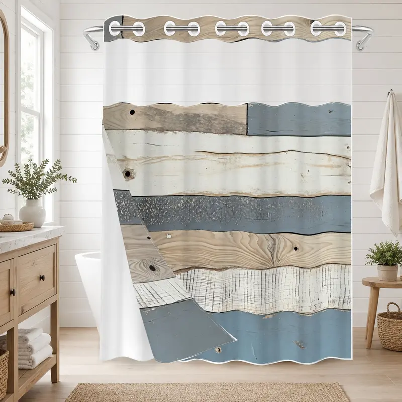 1pc Hookless Bathroom No Hook Shower Curtain, Rustic Wood Plank Print, Sheer Window, Detachable Snap-On White Liner, Waterproof Washable for Home, Apartment
