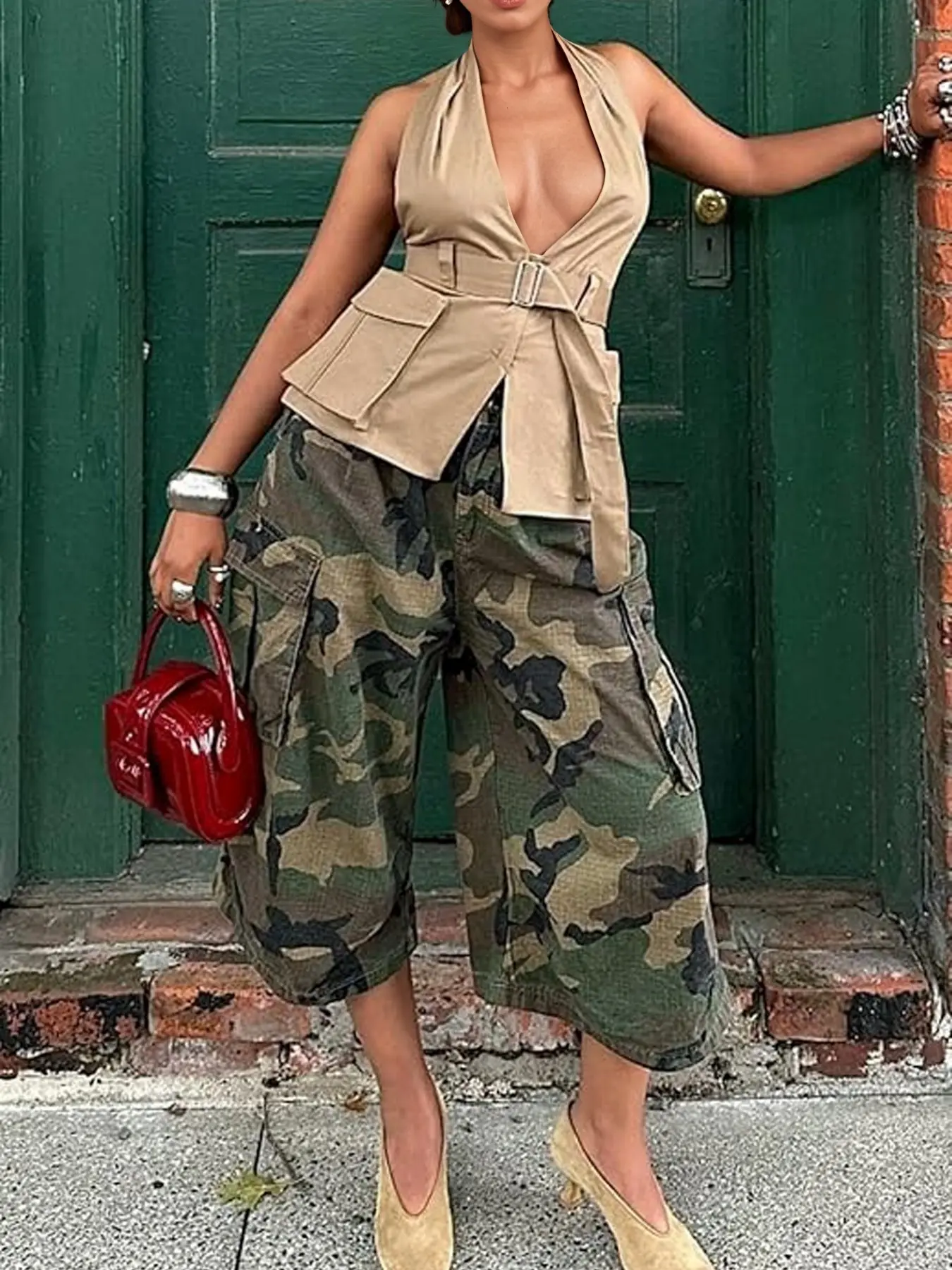 Women's Camouflage Pants, Streetwear Fashion Loose Wide Leg Jeans, Casual Workwear Style with Pockets, Home Wear Comfortable Bottoms