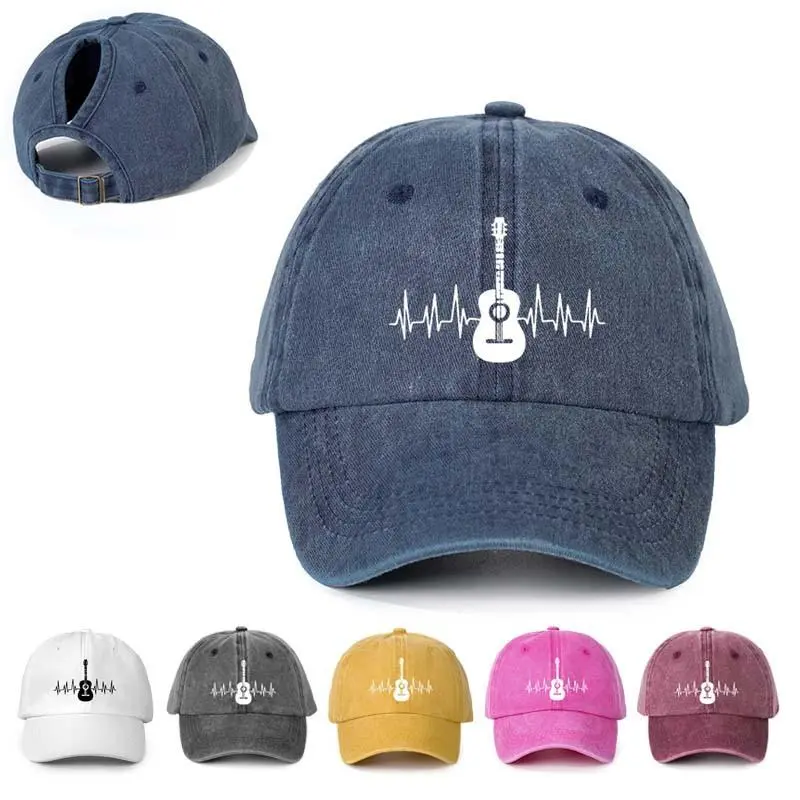 Vintage Washed Messy Bun Ponytail Baseball Cap for Women - Ethnic Fitted/Loose Dad Hat with Guitar Heartbeat Lifeline Acoustic Graphic, Summer Outdoor Concert Active Hat, Hair Bonnet Compatible, Unisex Wear, Machine Washable, Outdoor Events, Concert Graph