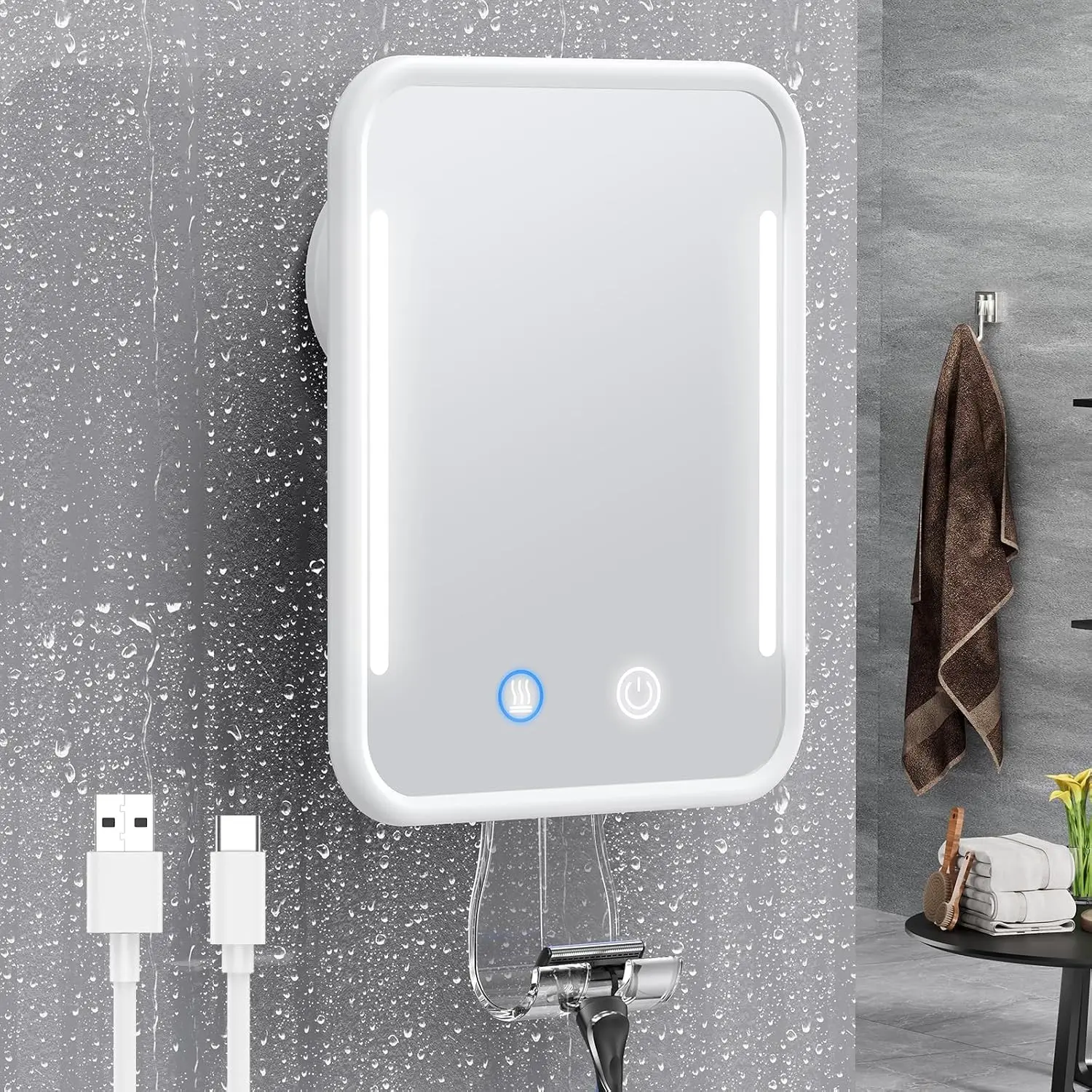 Heated Shaving Mirror for Shower Fogless with Light (White) | Rechargeable Battery, Adjustable Brightness, Suction Cup, Razor Holder, Removable, NO-Drilling, Waterproof for Bathroom
